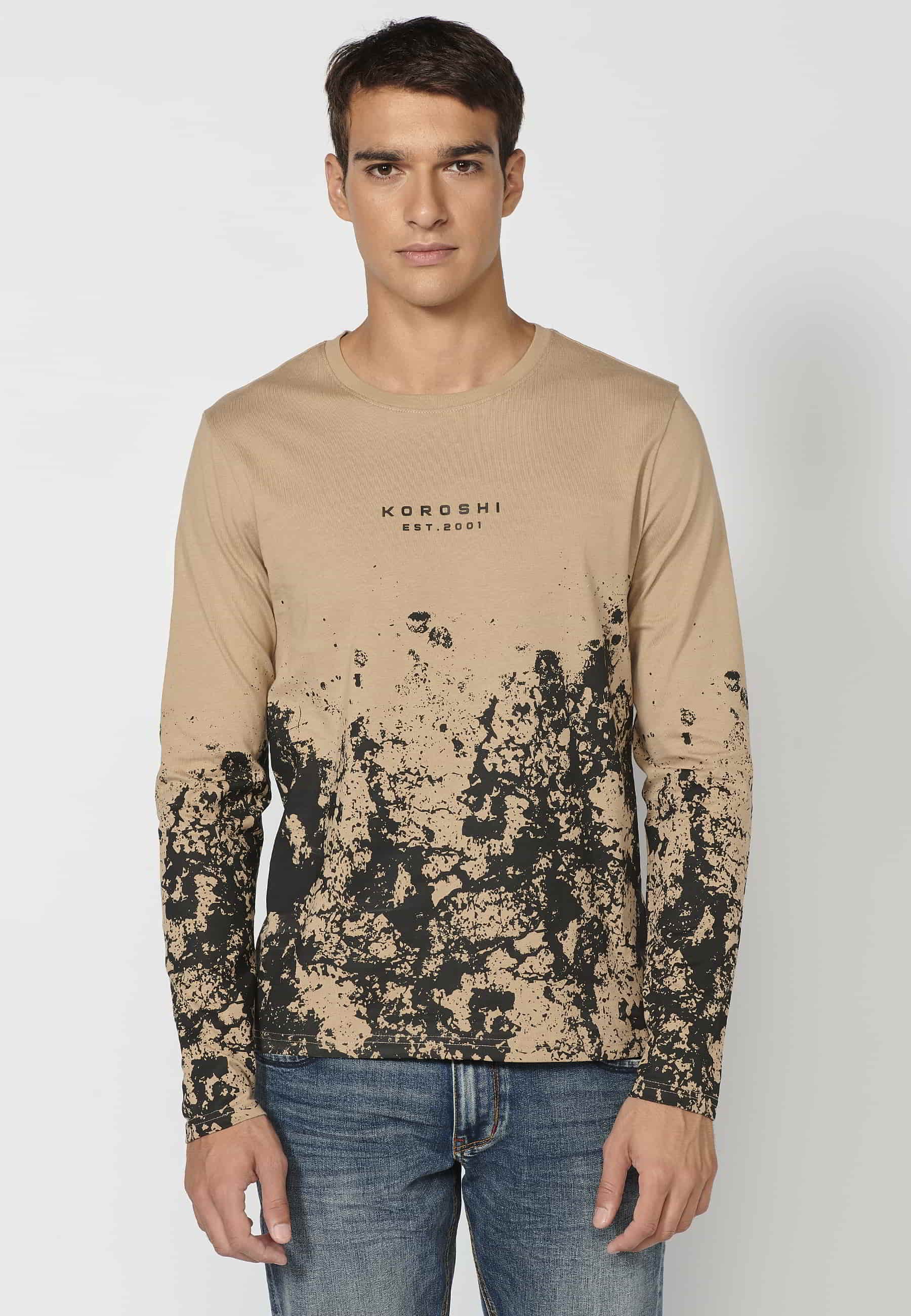 Beige printed round neck long sleeve T-shirt for Men 3