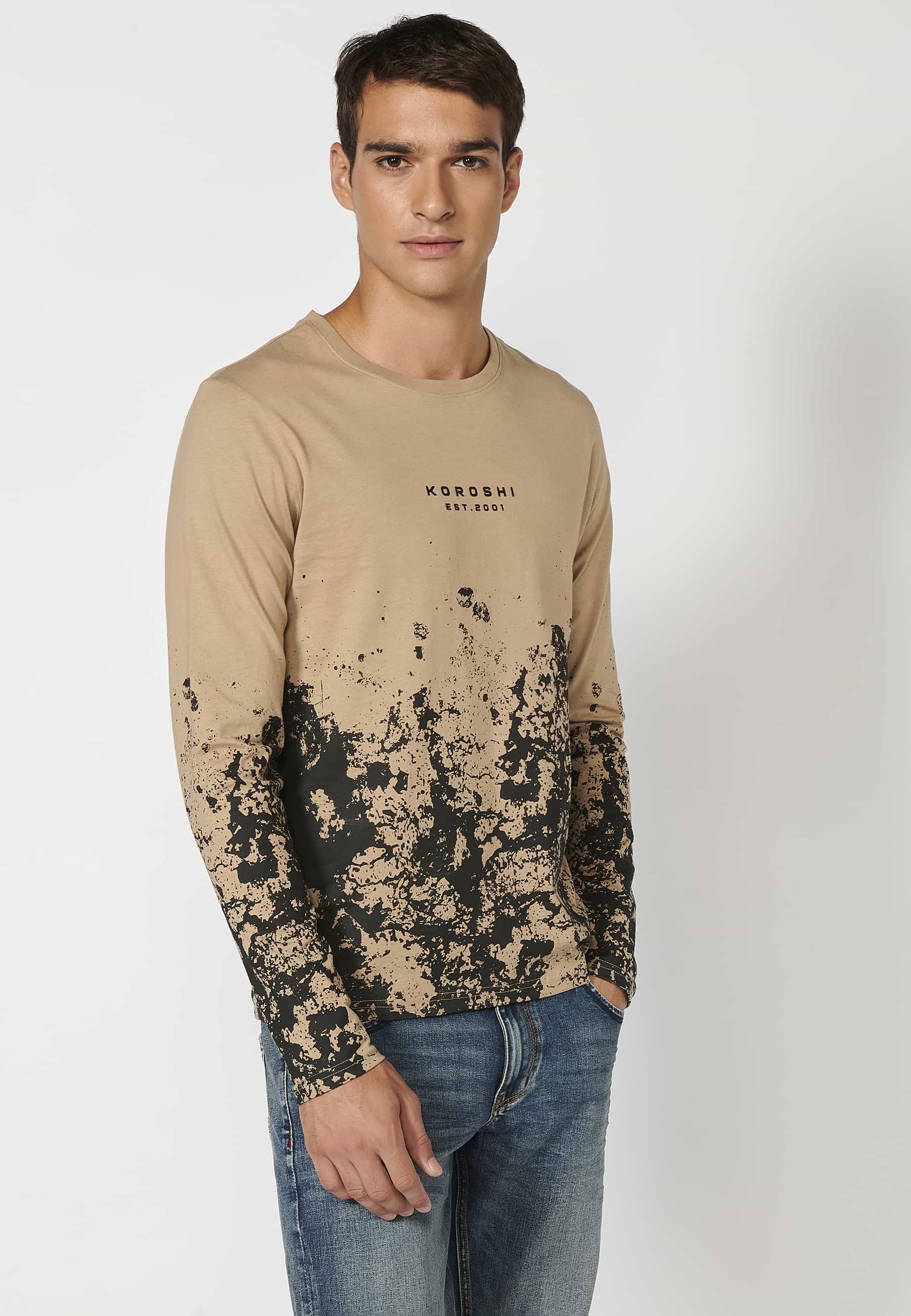 Beige printed round neck long sleeve T-shirt for Men 2