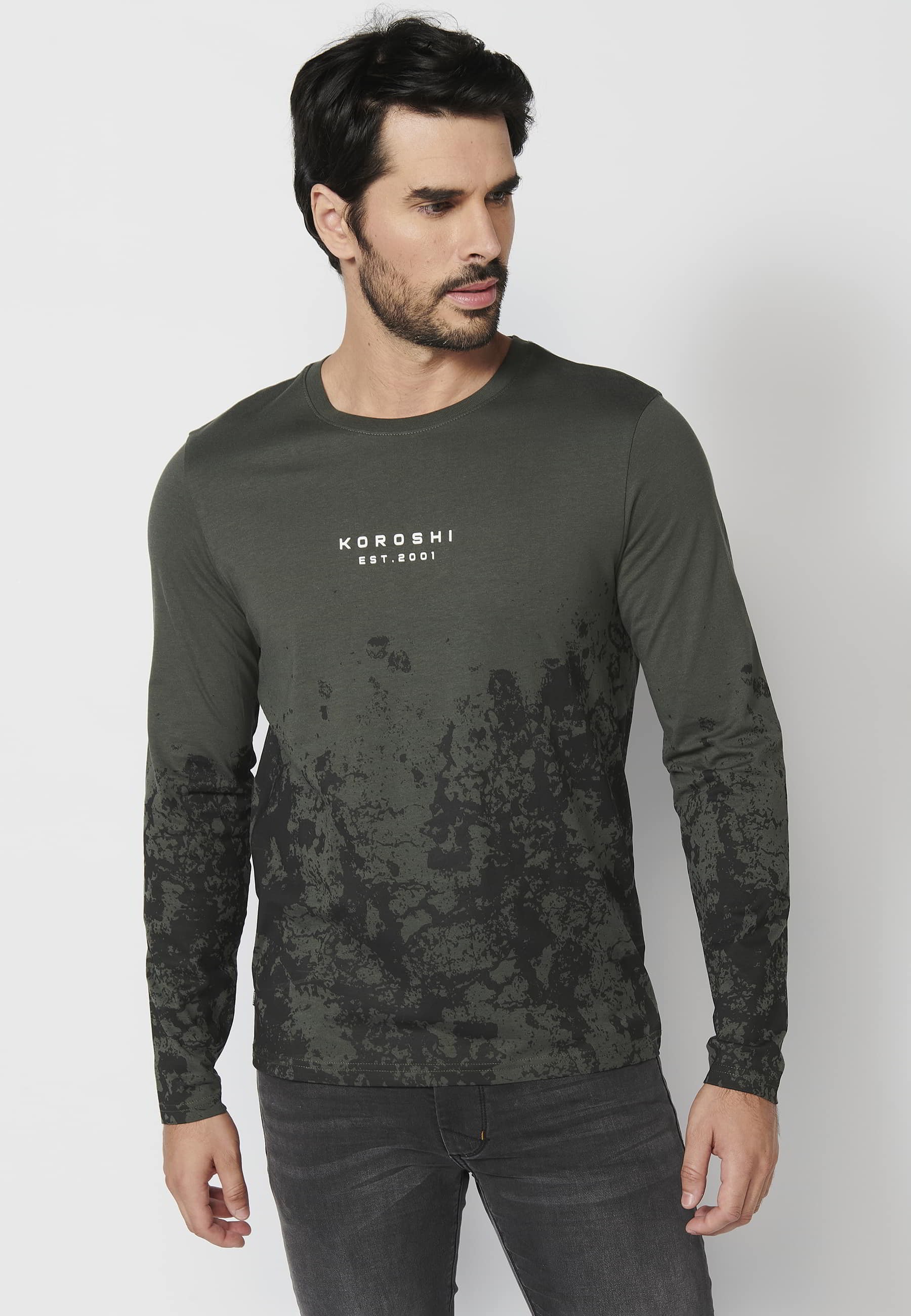 Khaki cotton long-sleeved T-shirt with print detail for Men