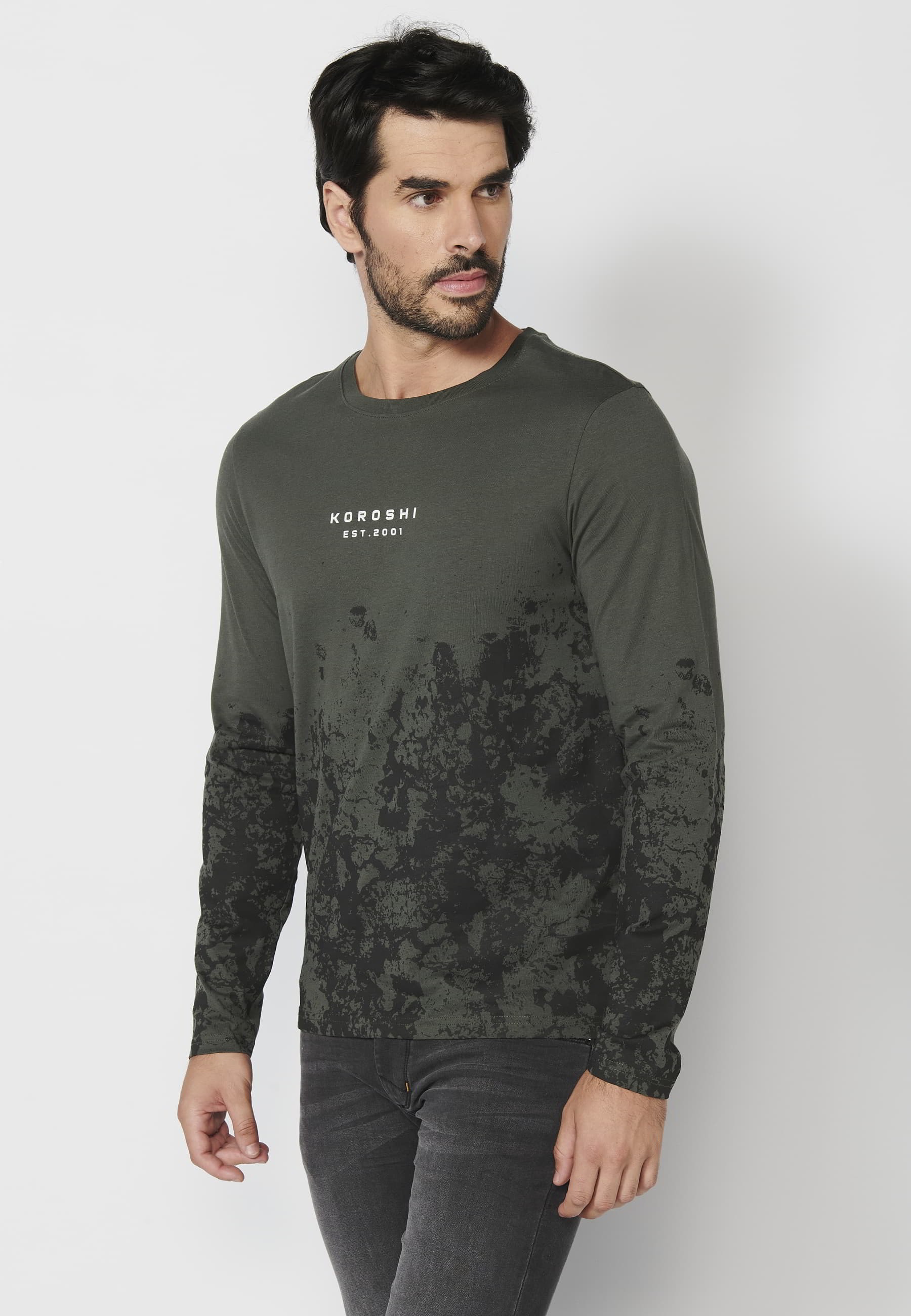 Khaki cotton long-sleeved T-shirt with print detail for Men