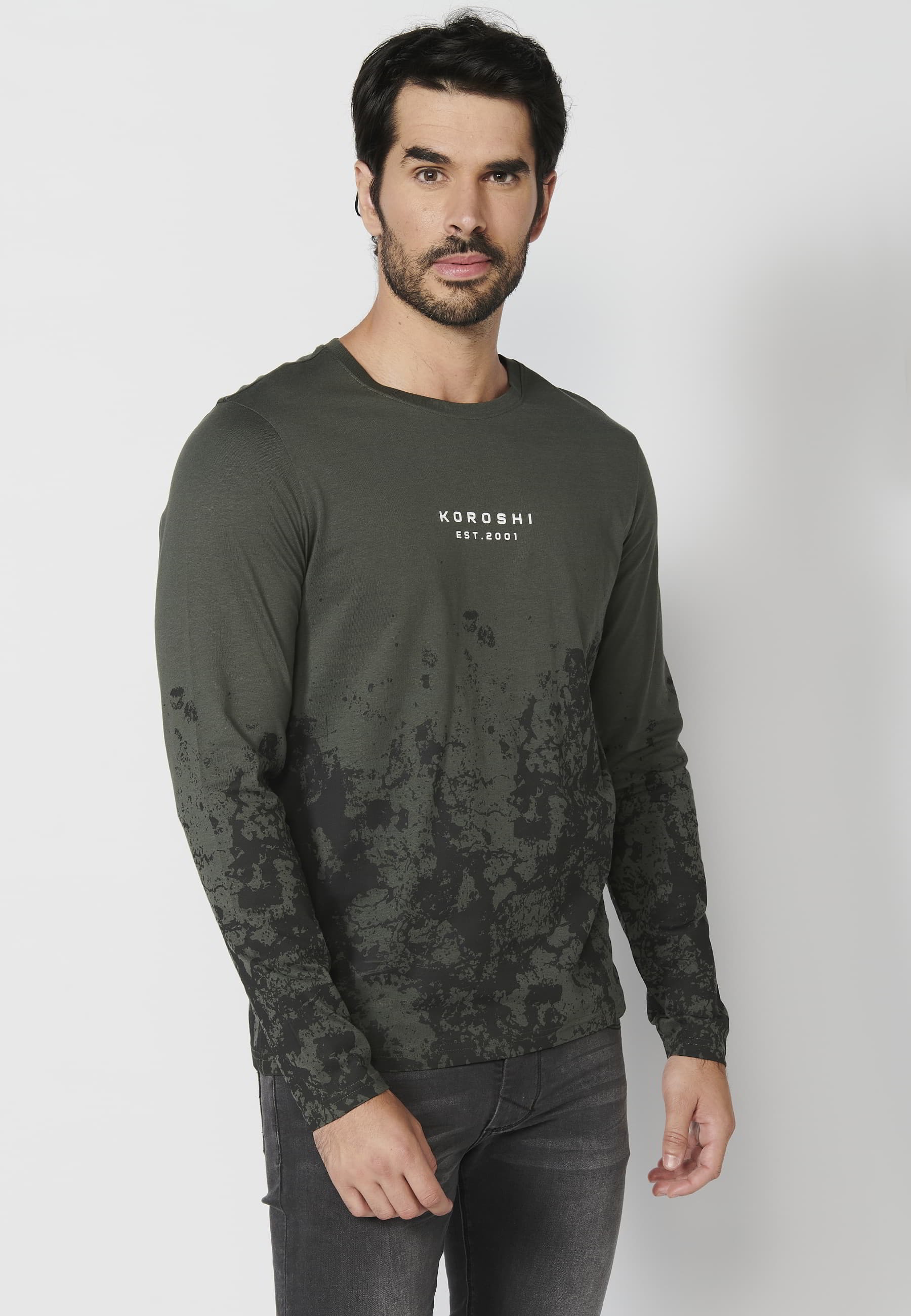 Khaki cotton long-sleeved T-shirt with print detail for Men