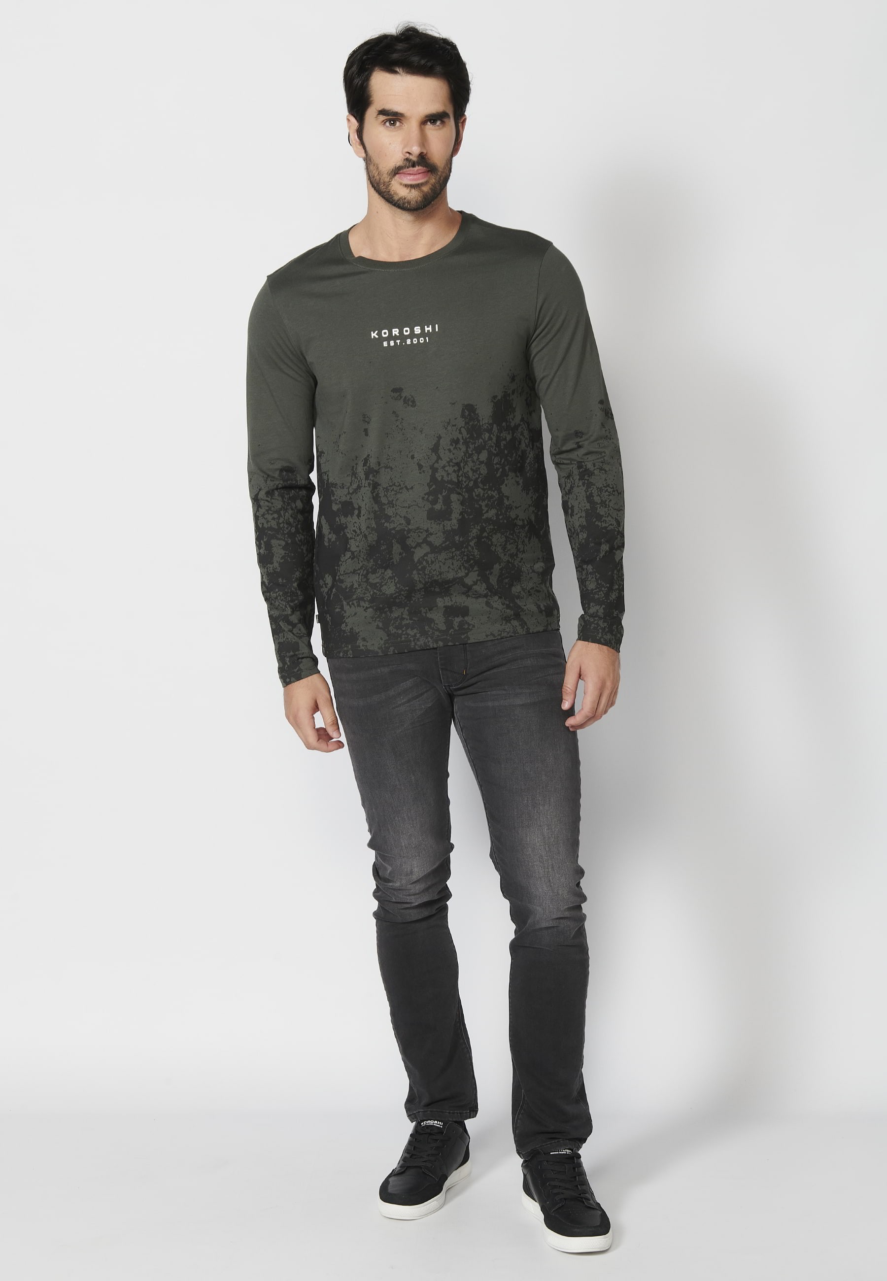 T-shirt manches longues en coton kaki détail imprimé pour Homme