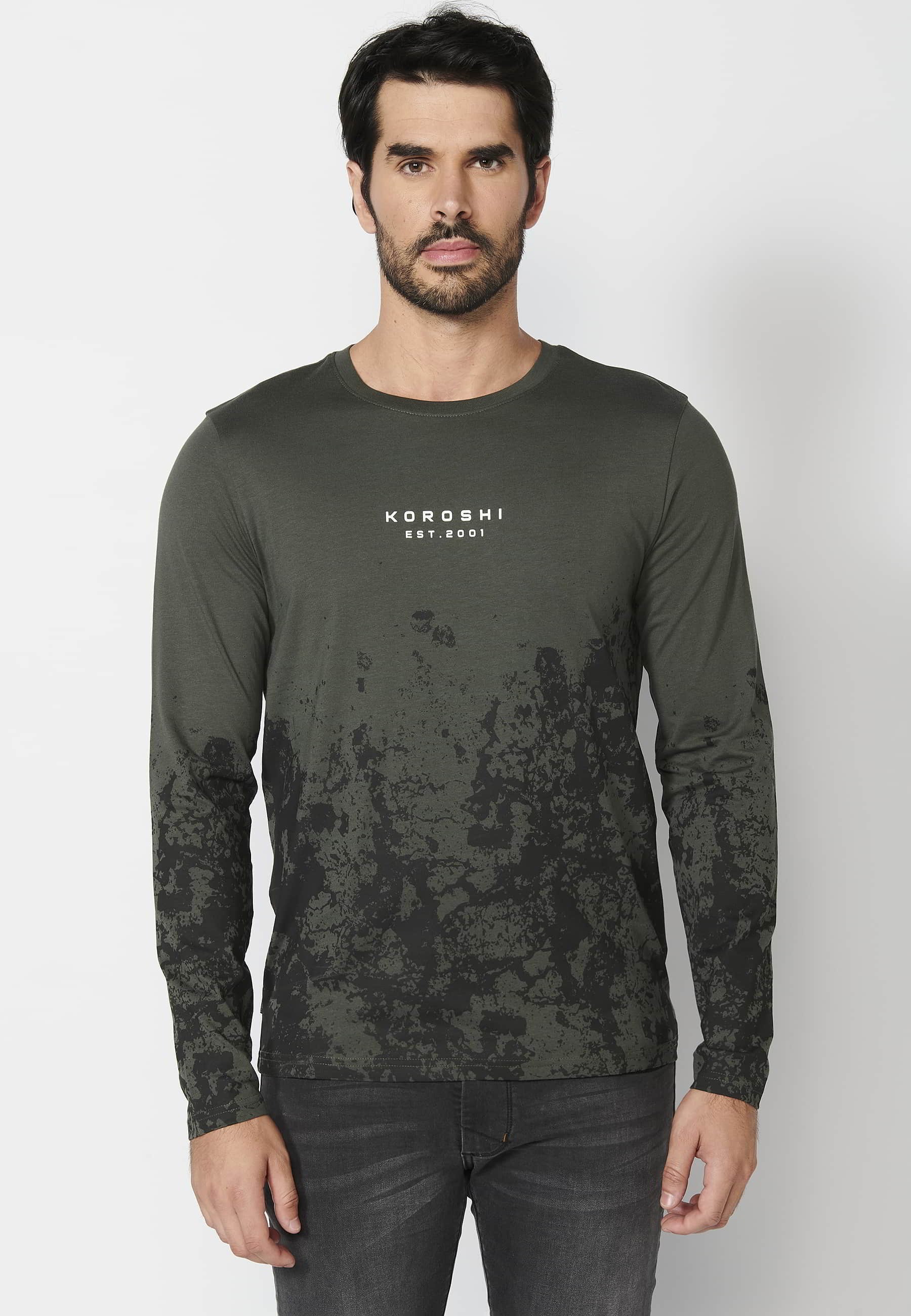 Khaki cotton long-sleeved T-shirt with print detail for Men