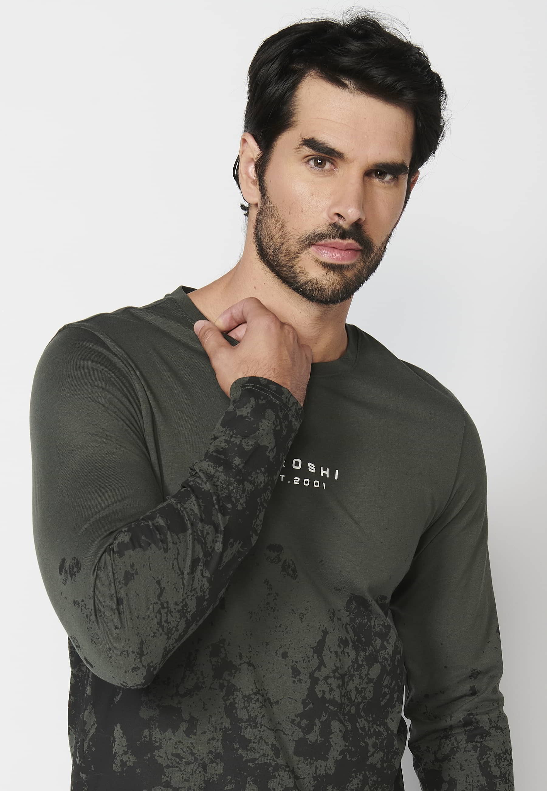 Khaki cotton long-sleeved T-shirt with print detail for Men