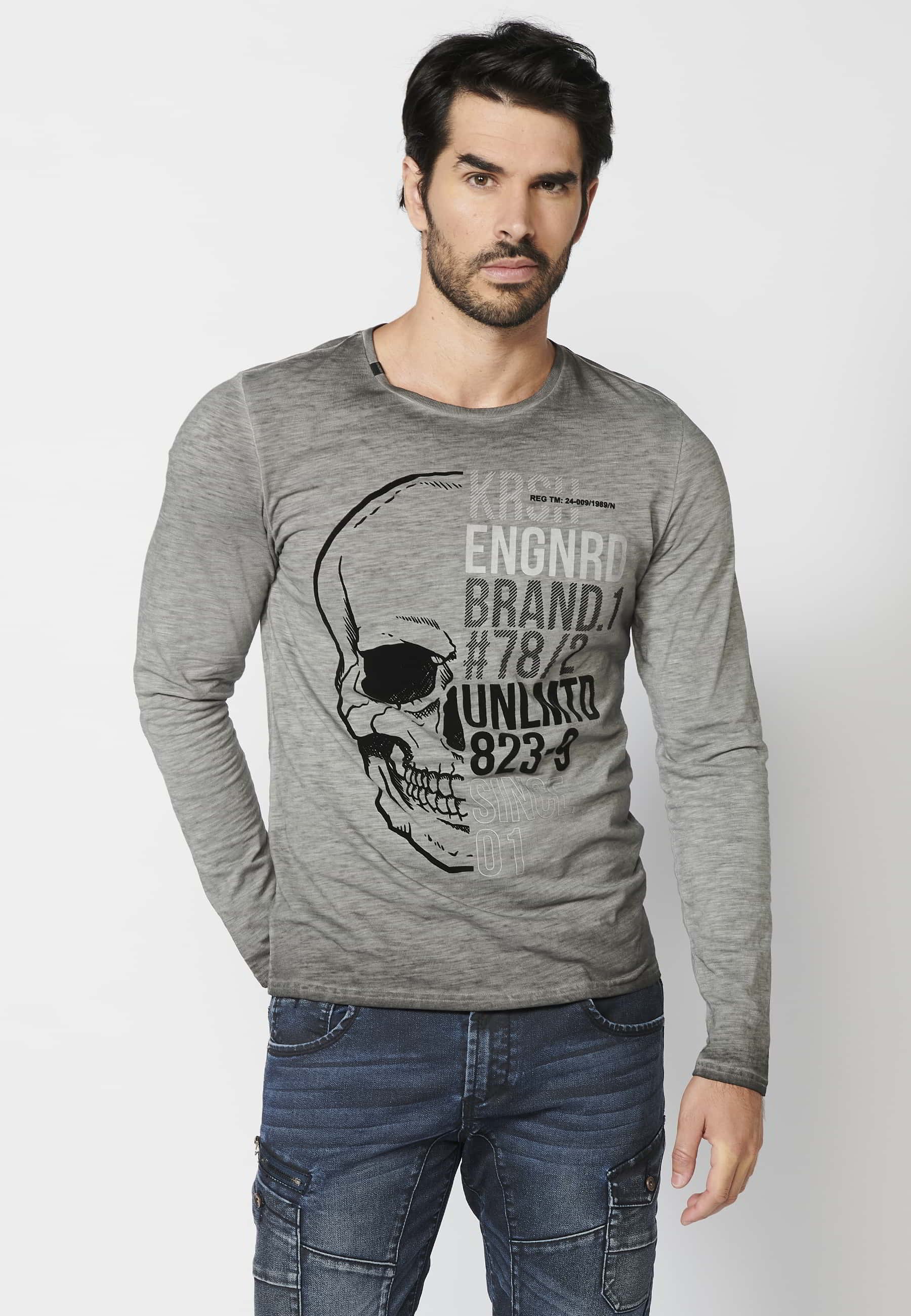 Long-sleeved Cotton T-shirt with front print in Gray color for Men