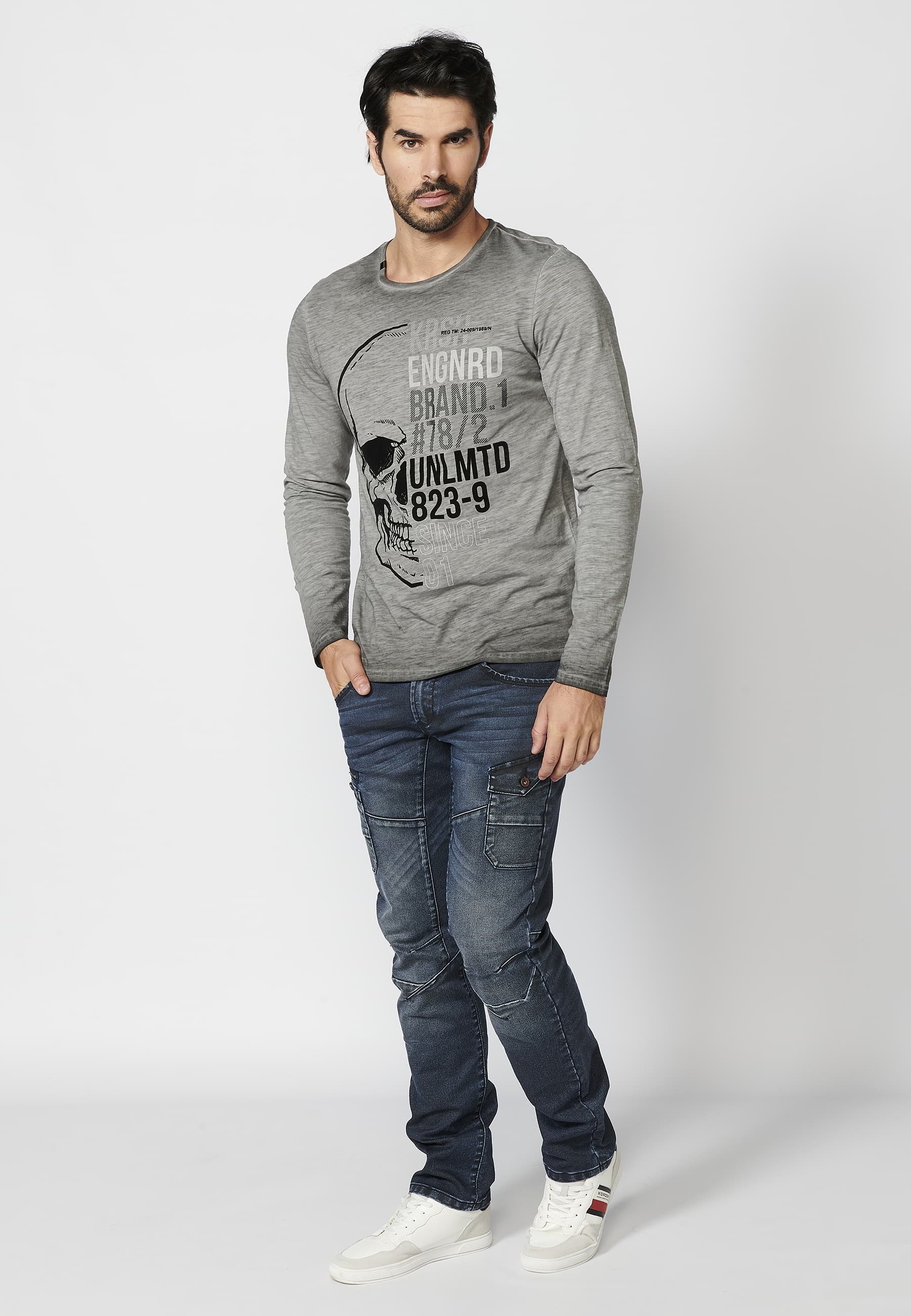 Long-sleeved Cotton T-shirt with front print in Gray color for Men