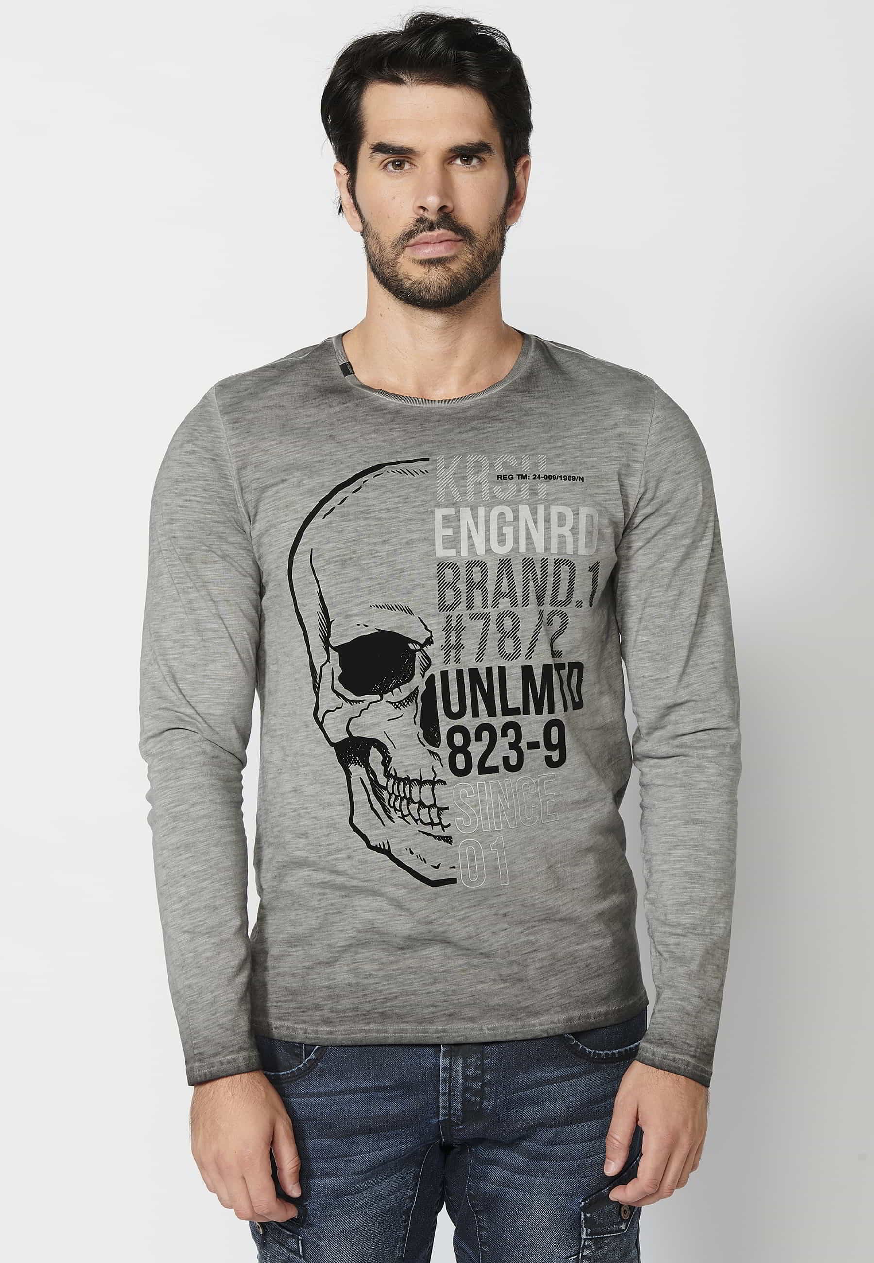 Long-sleeved Cotton T-shirt with front print in Gray color for Men