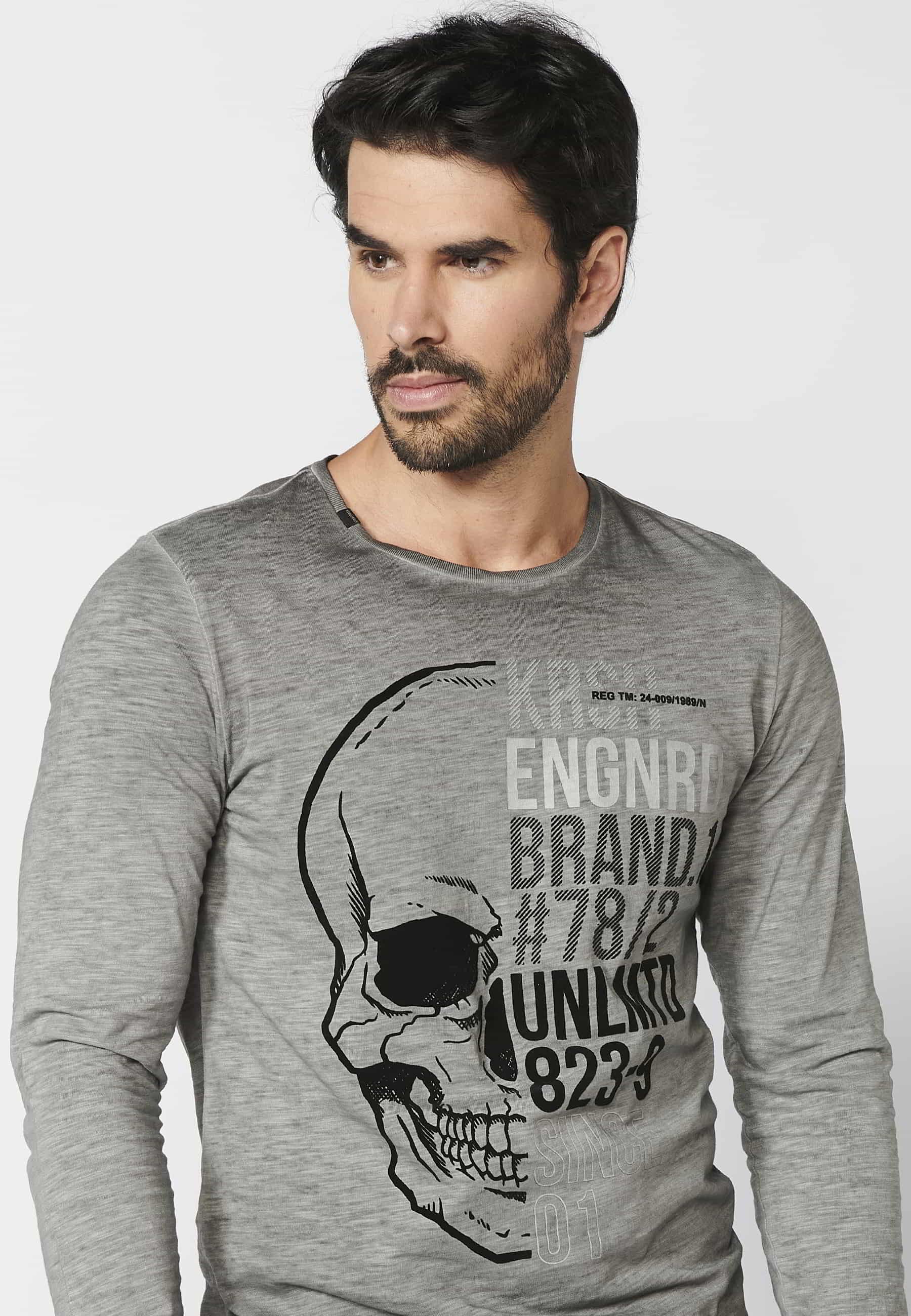 Long-sleeved Cotton T-shirt with front print in Gray color for Men