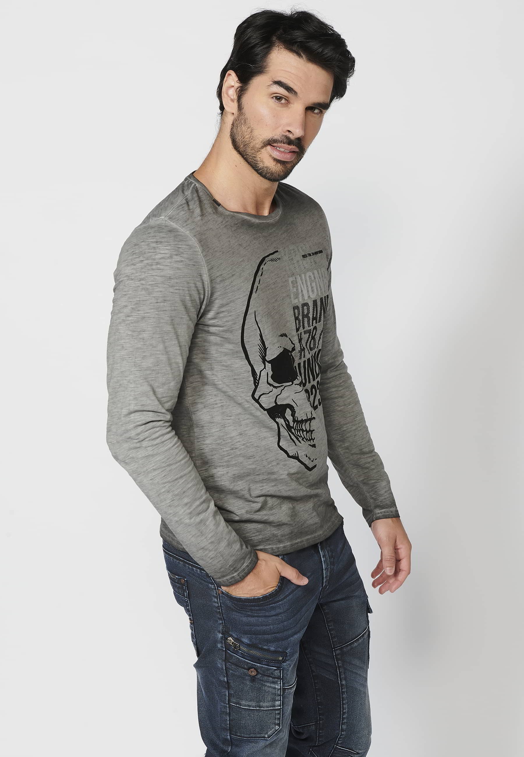 Long-sleeved Cotton T-shirt with front print in Gray color for Men