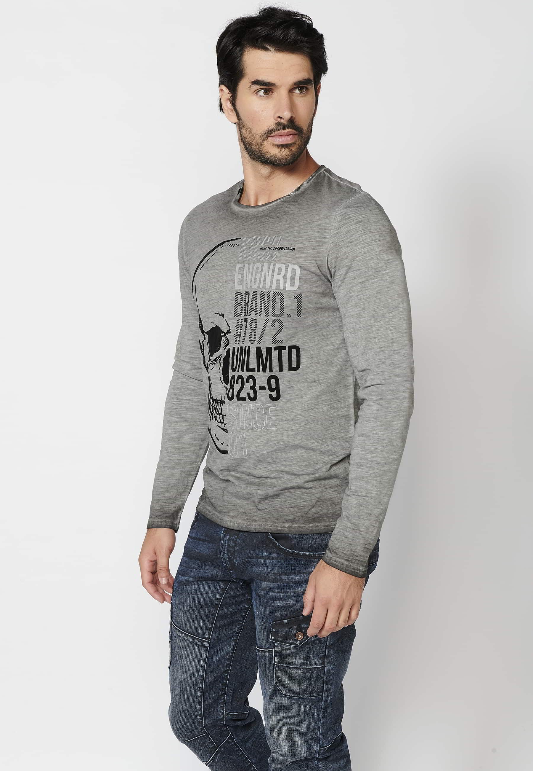 Long-sleeved Cotton T-shirt with front print in Gray color for Men