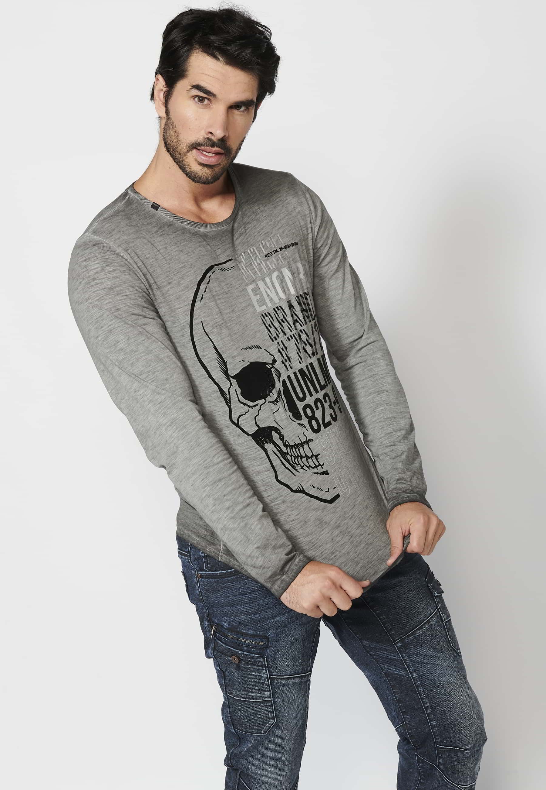 Long-sleeved Cotton T-shirt with front print in Gray color for Men