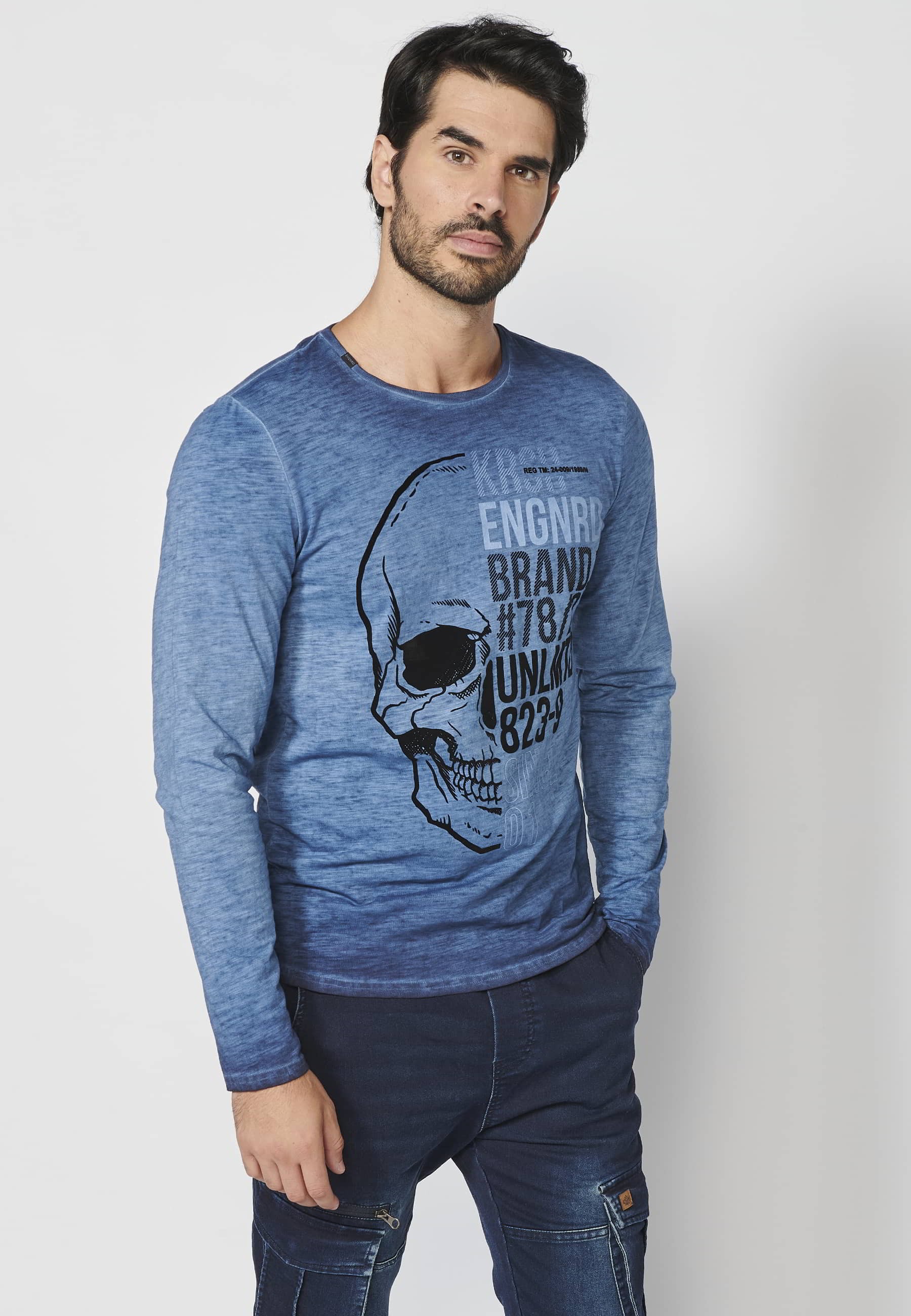 T-shirt à manches longues en coton imprimé sur le devant Indigo pour homme