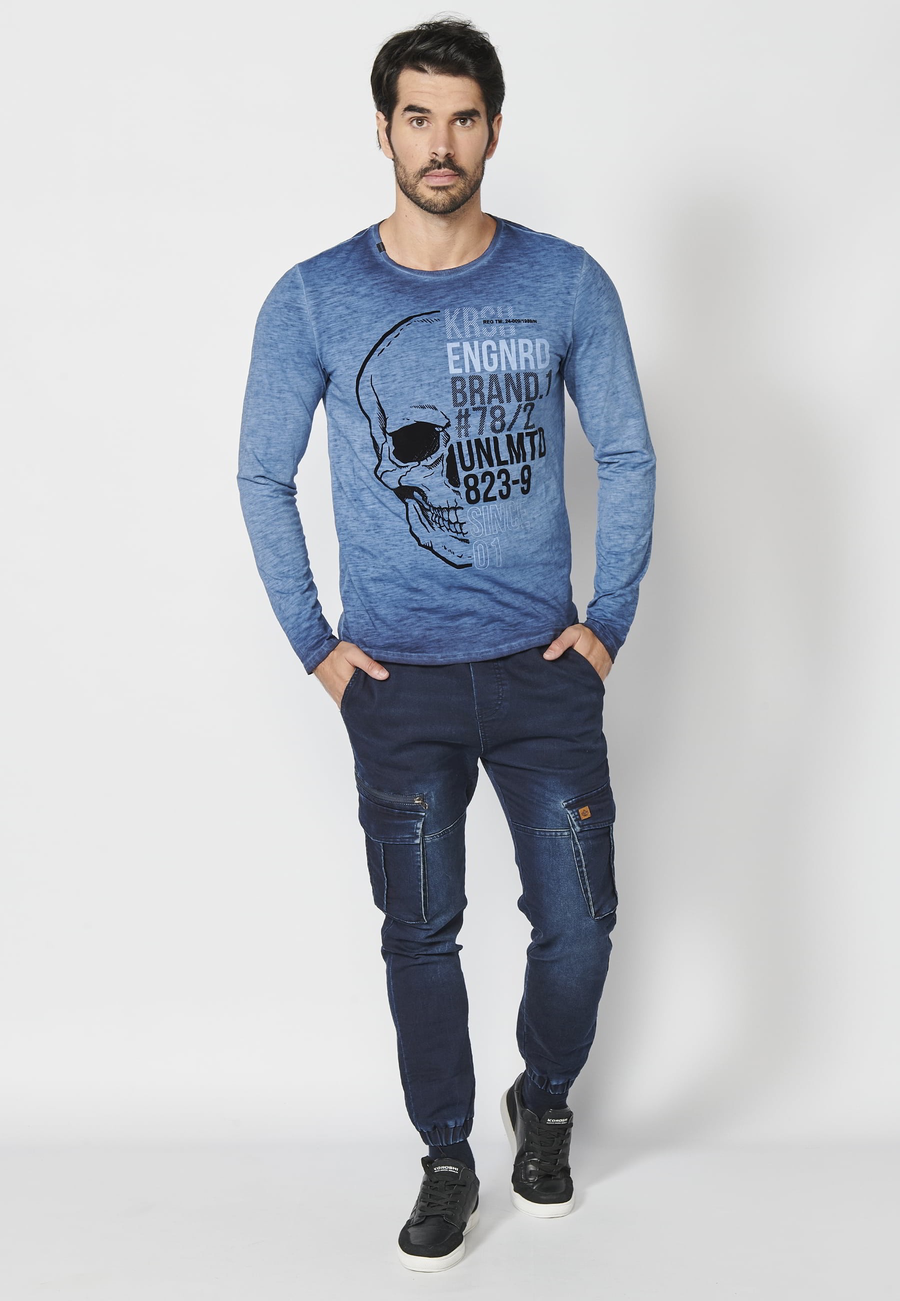 T-shirt à manches longues en coton imprimé sur le devant Indigo pour homme