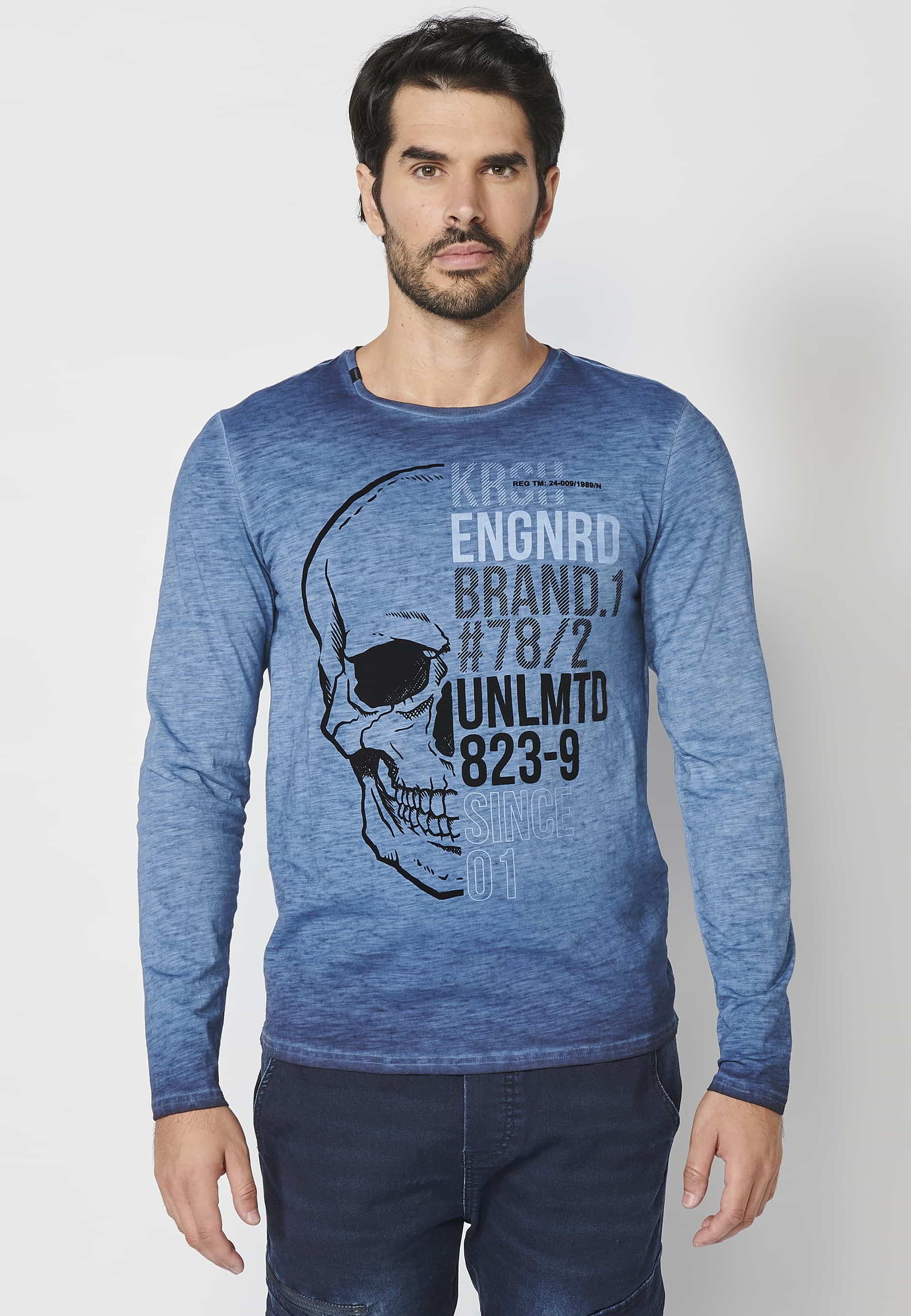 T-shirt à manches longues en coton imprimé sur le devant Indigo pour homme