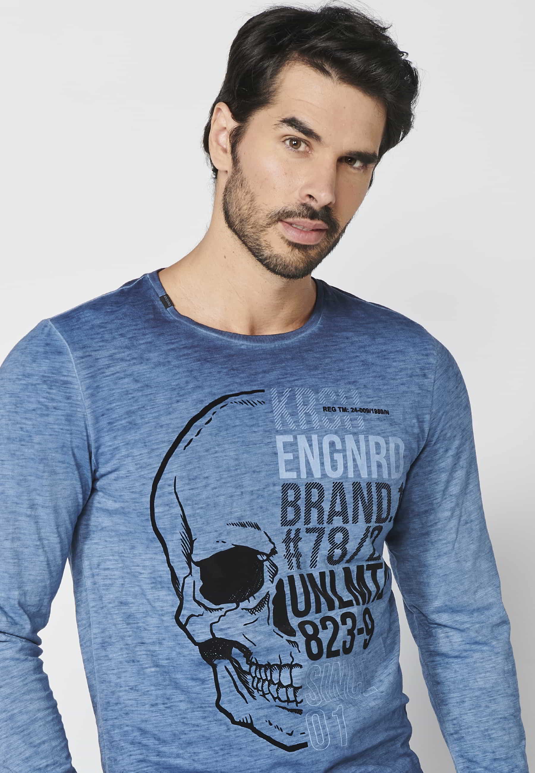 T-shirt à manches longues en coton imprimé sur le devant Indigo pour homme