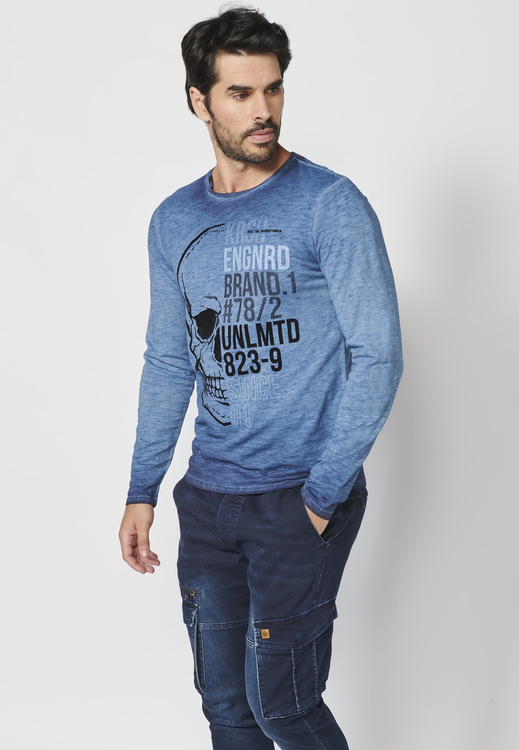 T-shirt à manches longues en coton imprimé sur le devant Indigo pour homme