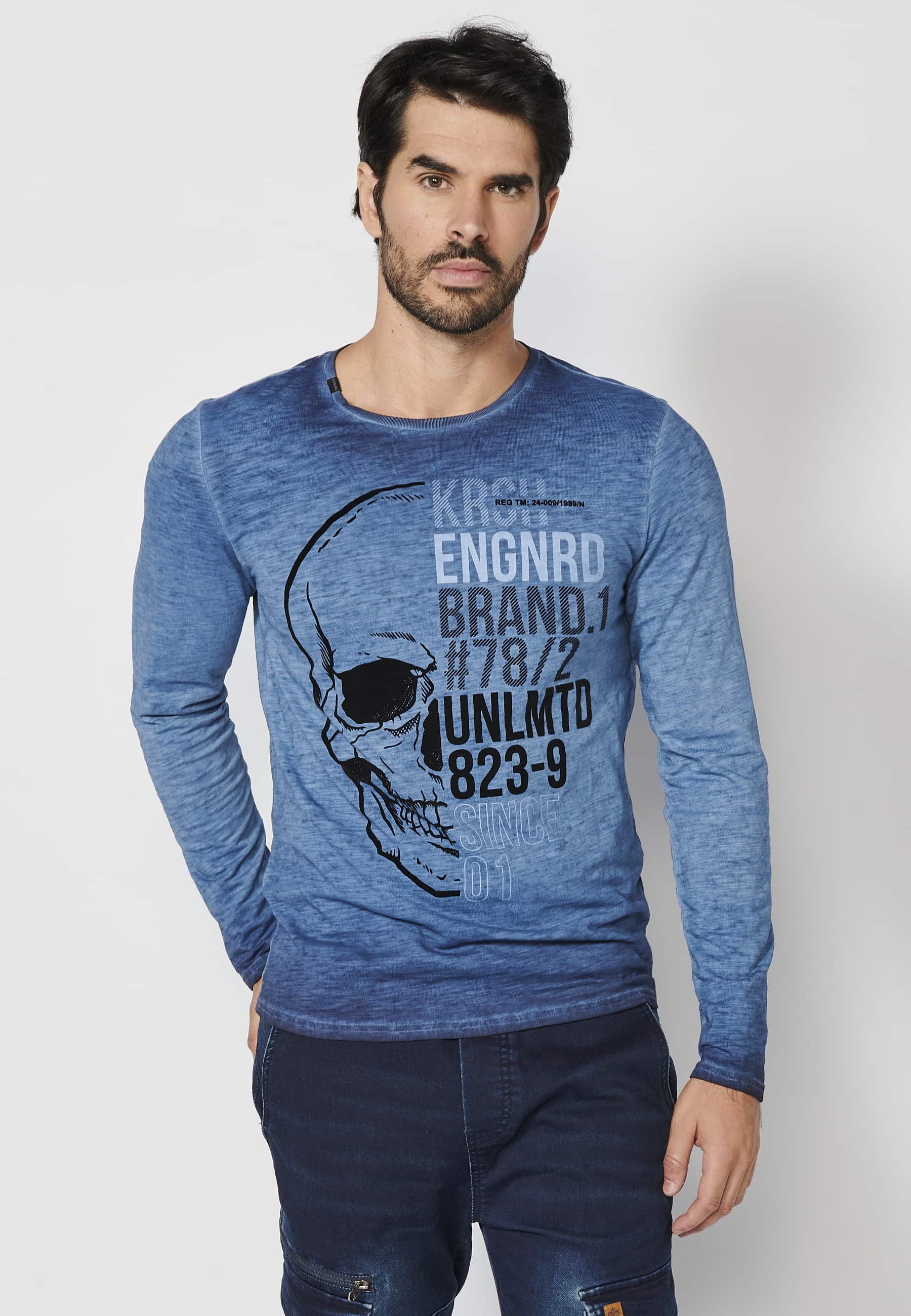 Camiseta de manga larga de Algodón estampado delantero color Índigo para Hombre