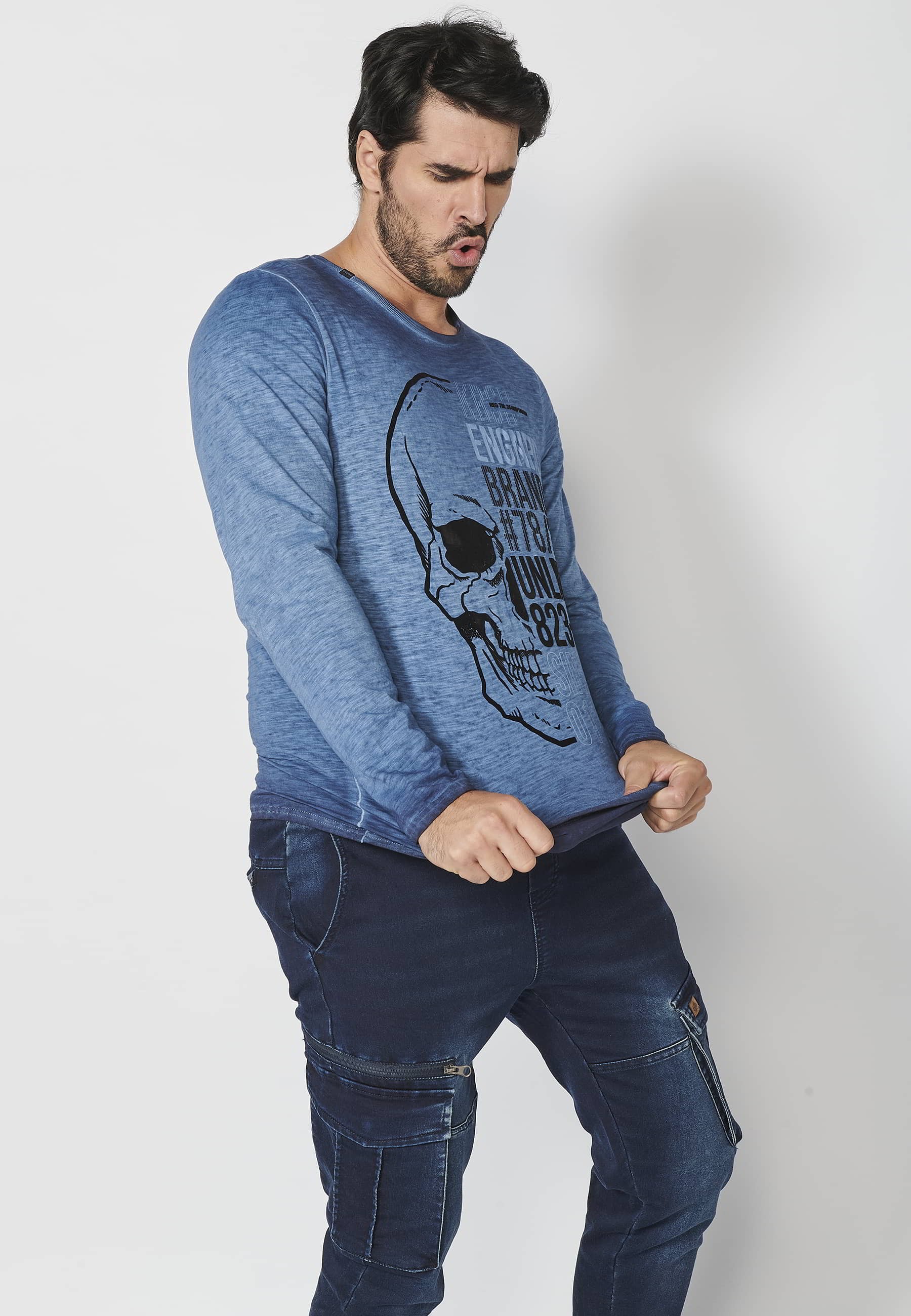 Indigo Front Printed Cotton Long Sleeve T-shirt for Men