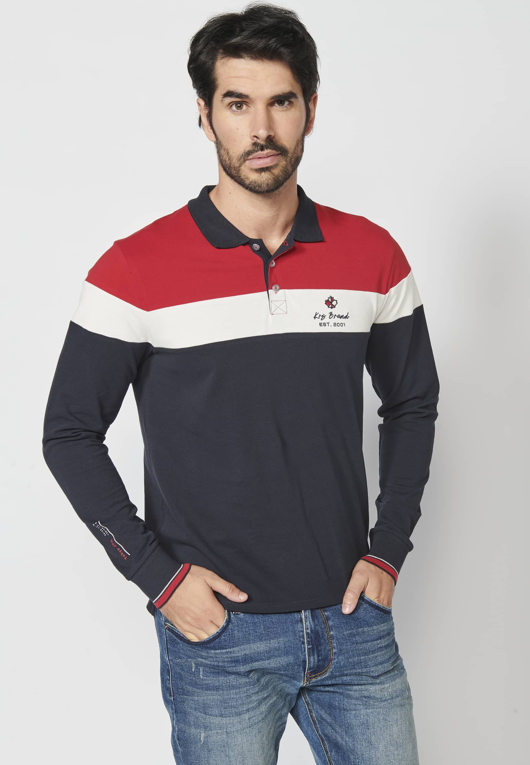 Red striped cotton long-sleeved polo shirt for Men