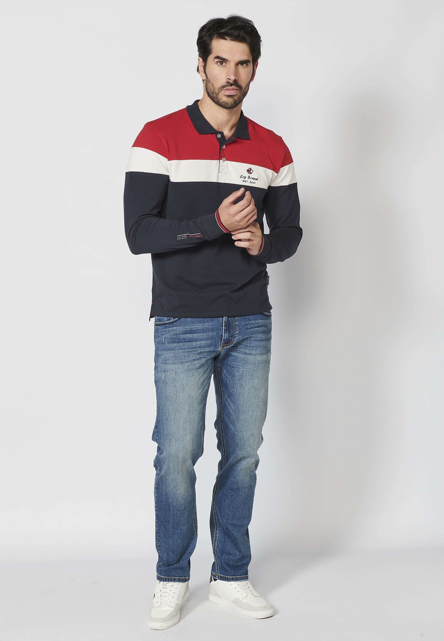 Red striped cotton long-sleeved polo shirt for Men