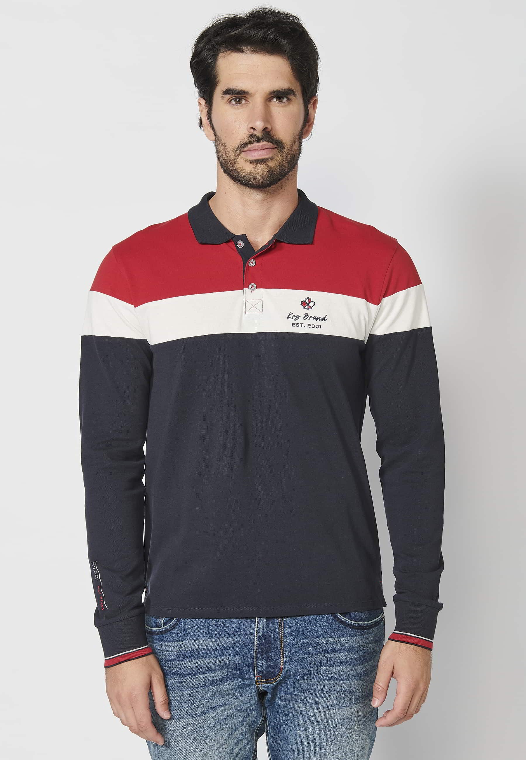 Red striped cotton long-sleeved polo shirt for Men