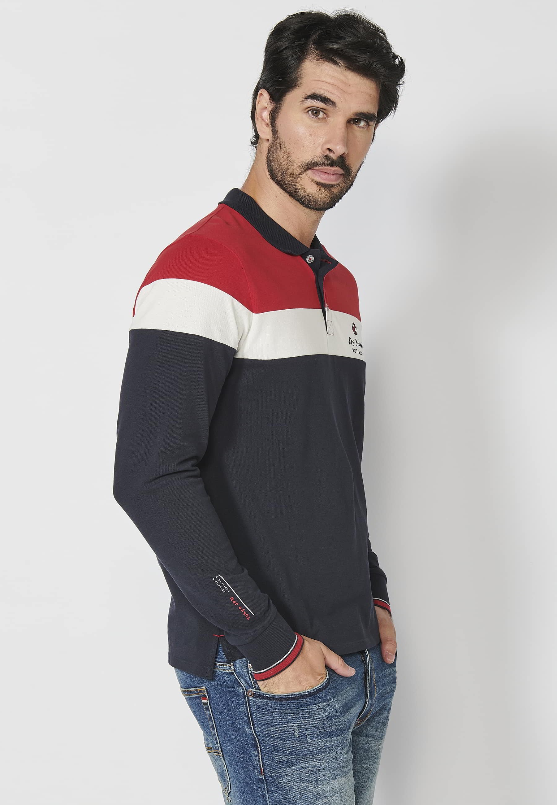 Red striped cotton long-sleeved polo shirt for Men