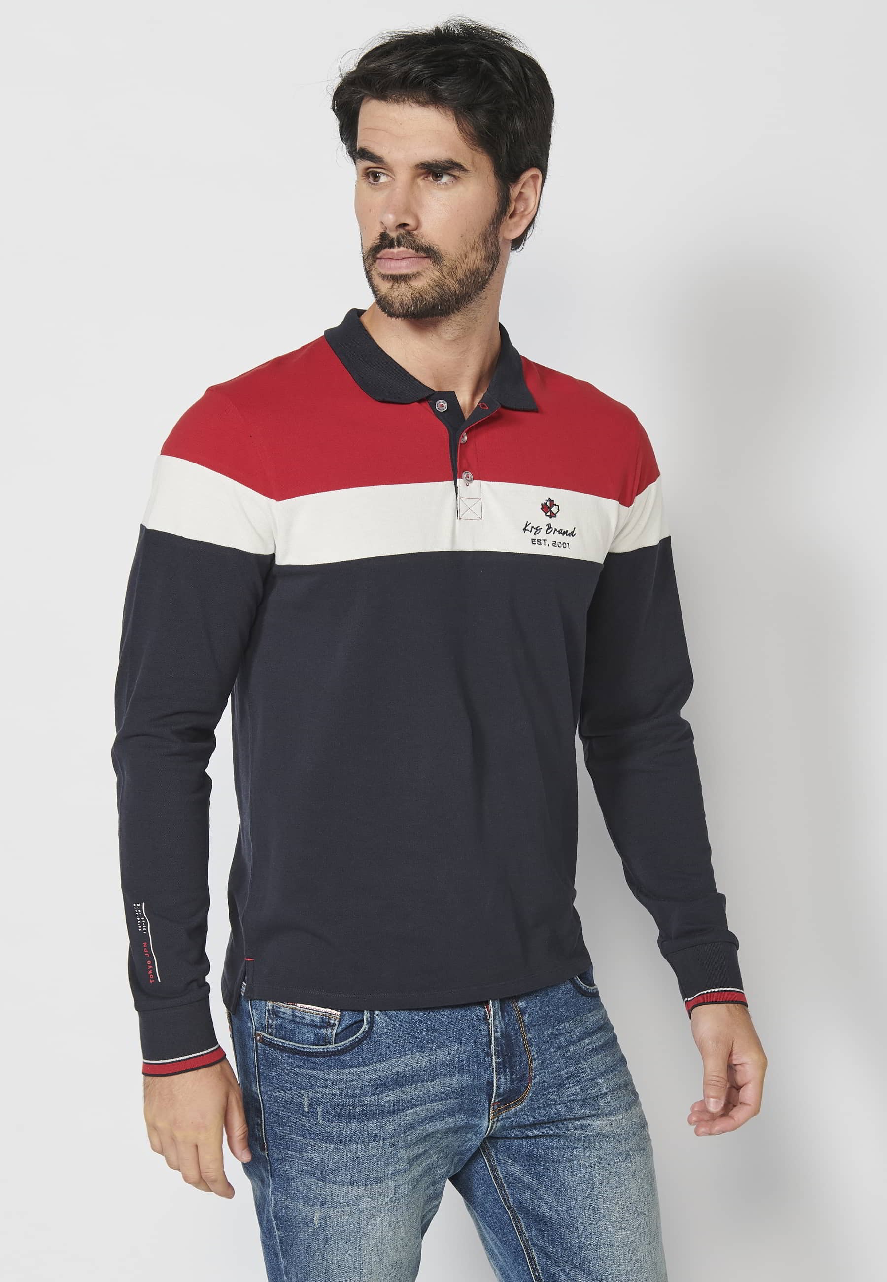 Red striped cotton long-sleeved polo shirt for Men