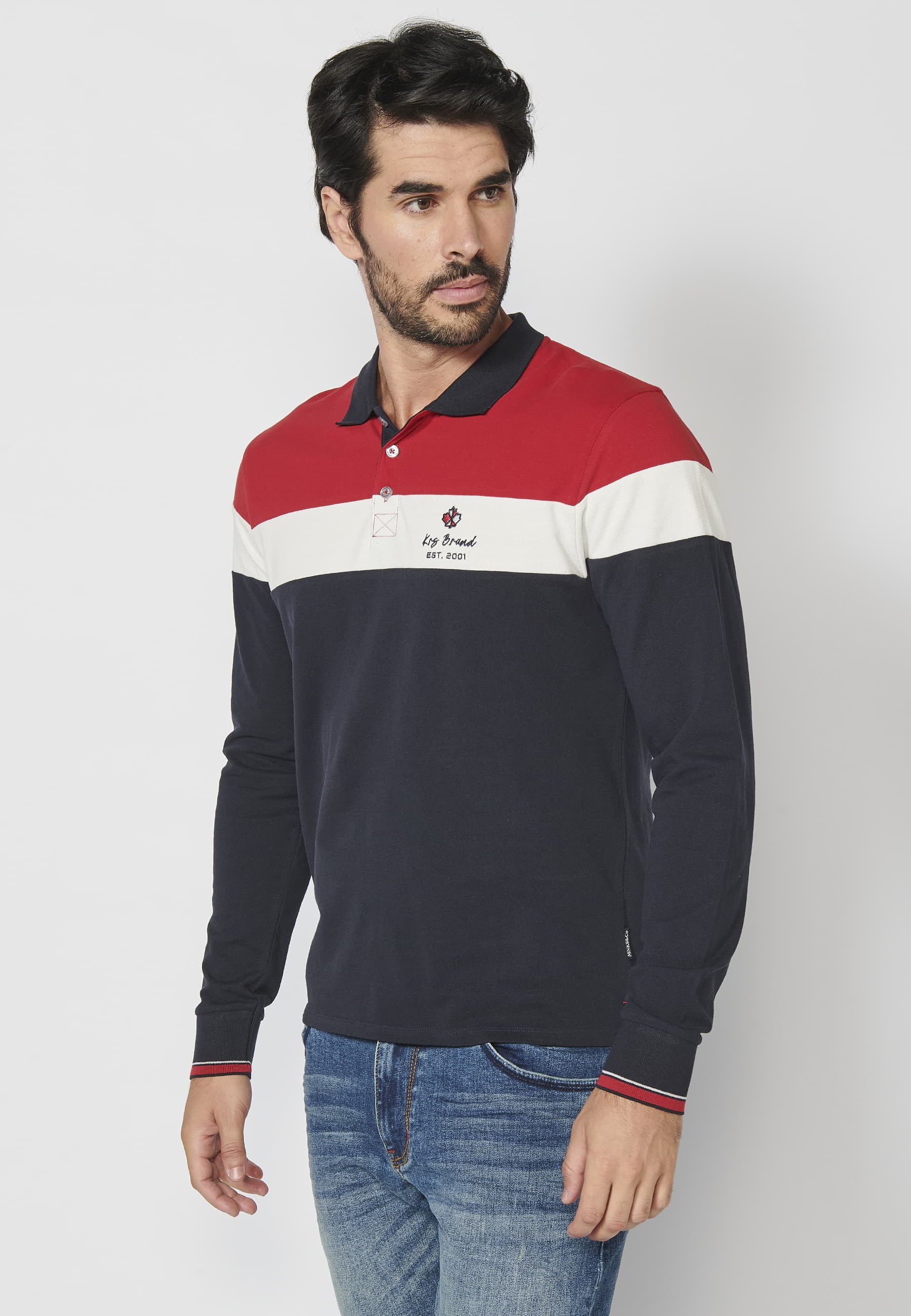 Red striped cotton long-sleeved polo shirt for Men