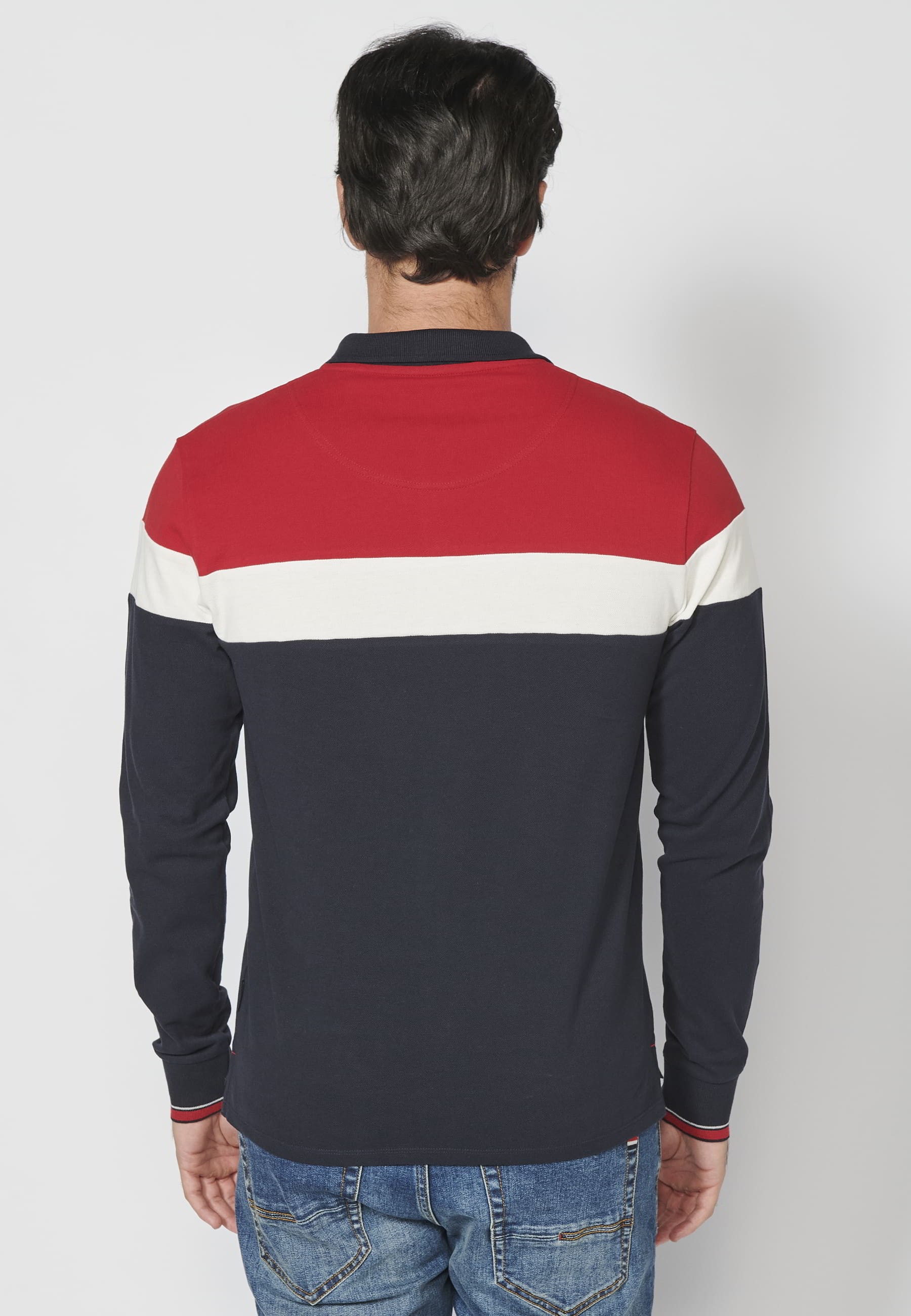 Red striped cotton long-sleeved polo shirt for Men