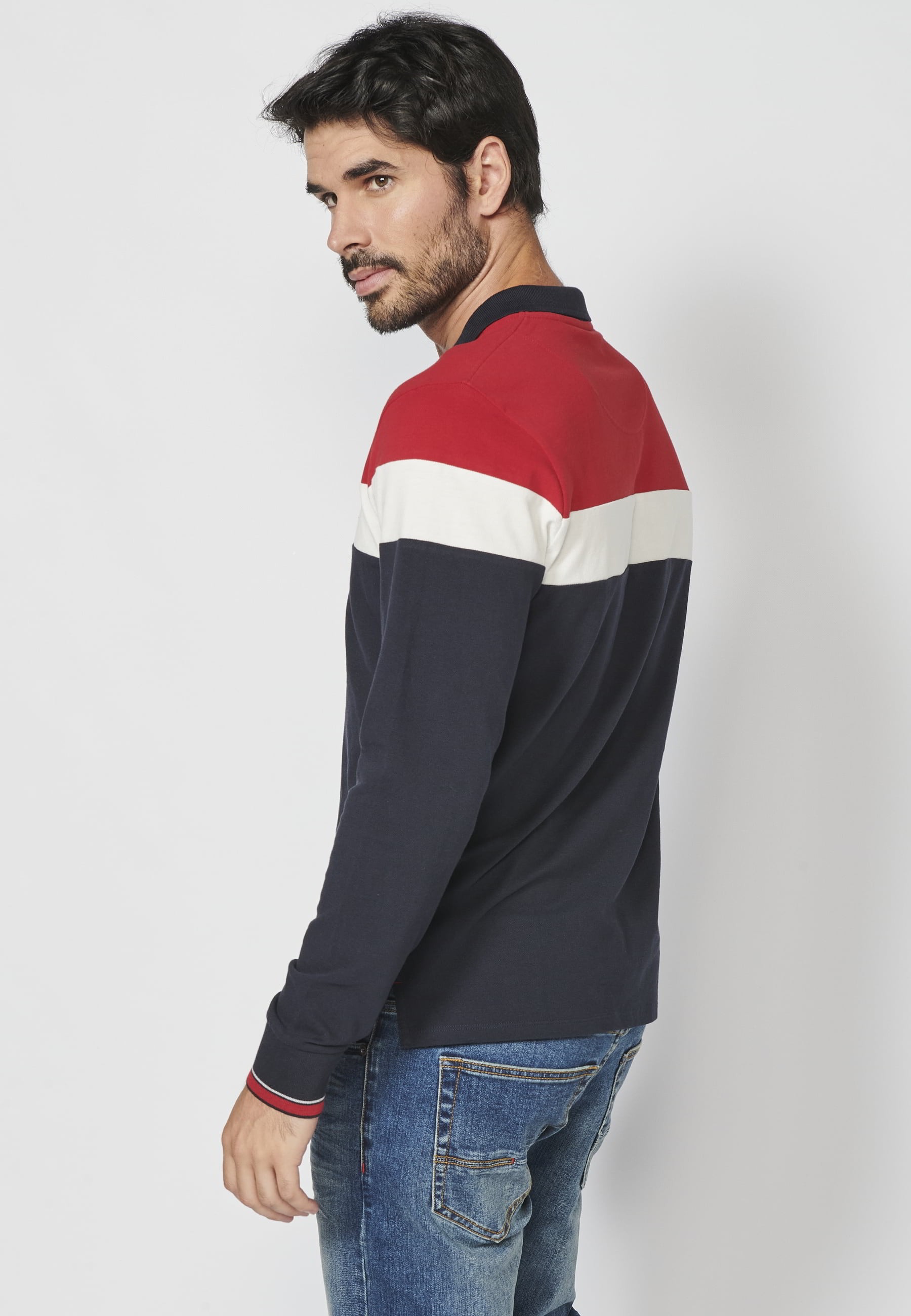 Red striped cotton long-sleeved polo shirt for Men