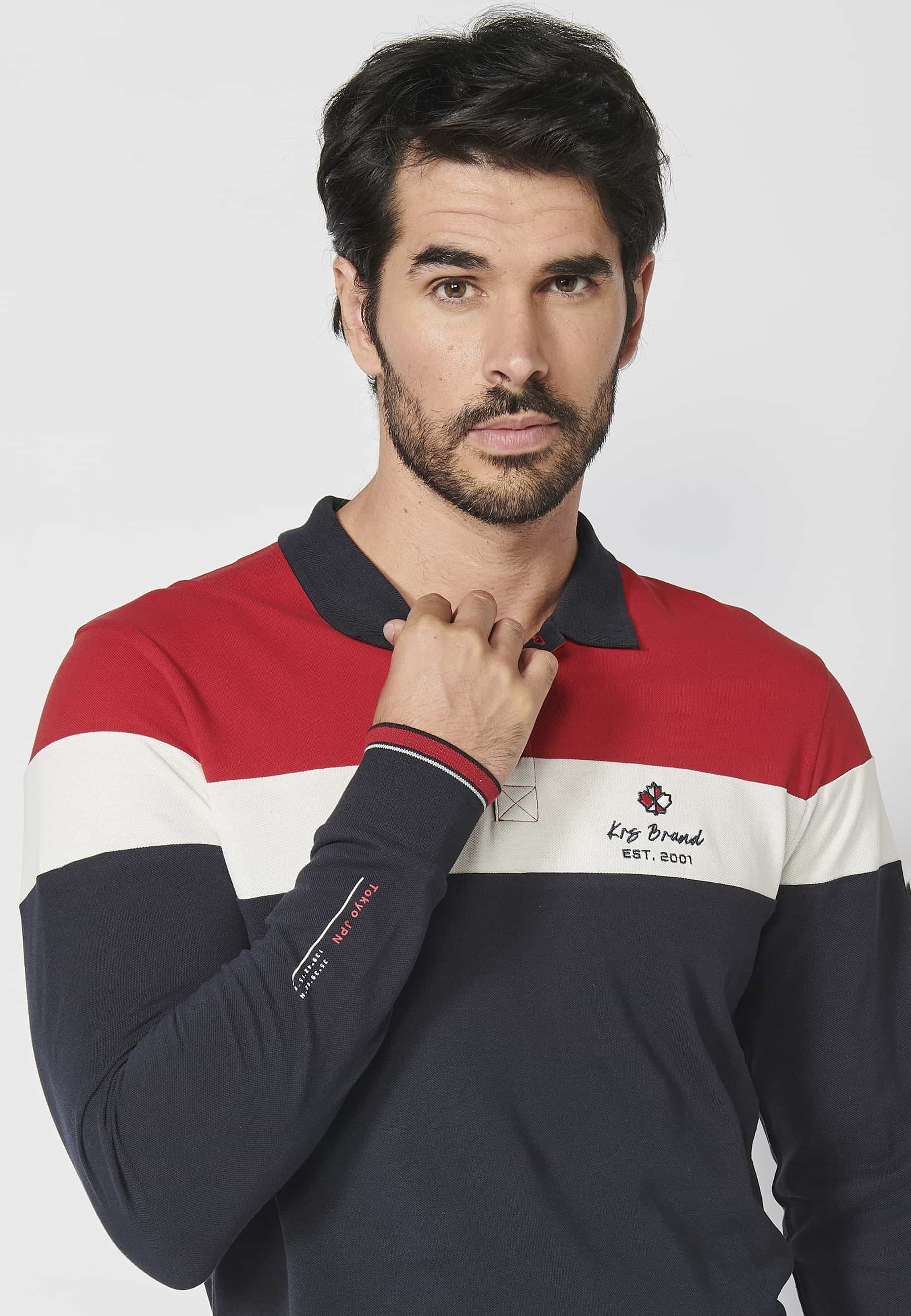 Red striped cotton long-sleeved polo shirt for Men