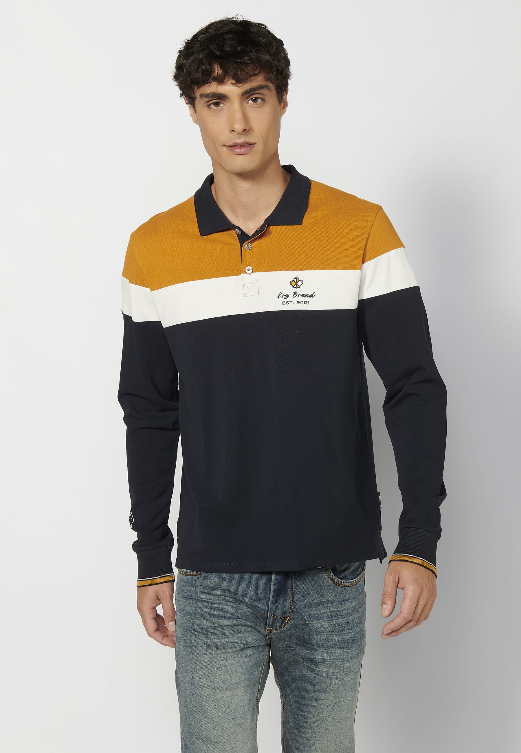 Yellow striped shirt collar cotton long-sleeved polo shirt for Men