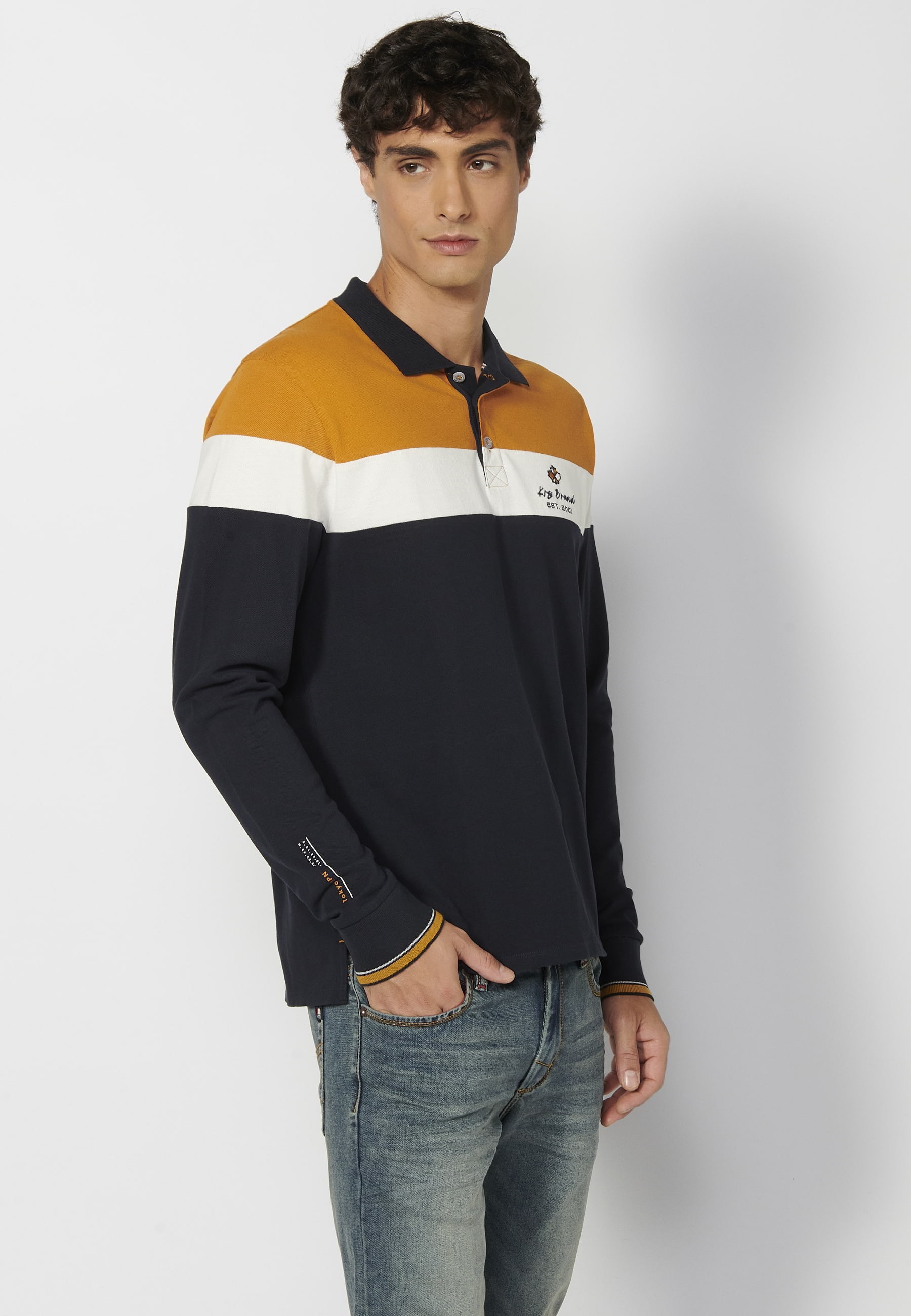 Yellow striped shirt collar cotton long-sleeved polo shirt for Men 1