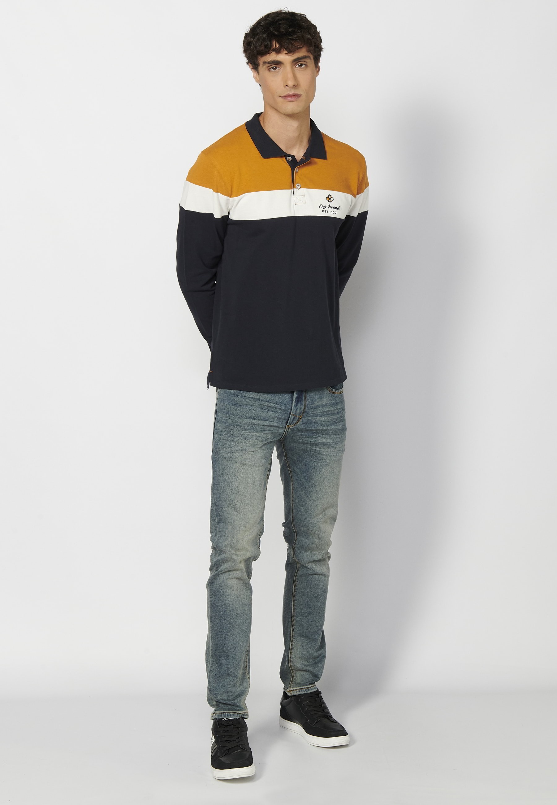 Yellow striped shirt collar cotton long-sleeved polo shirt for Men 4