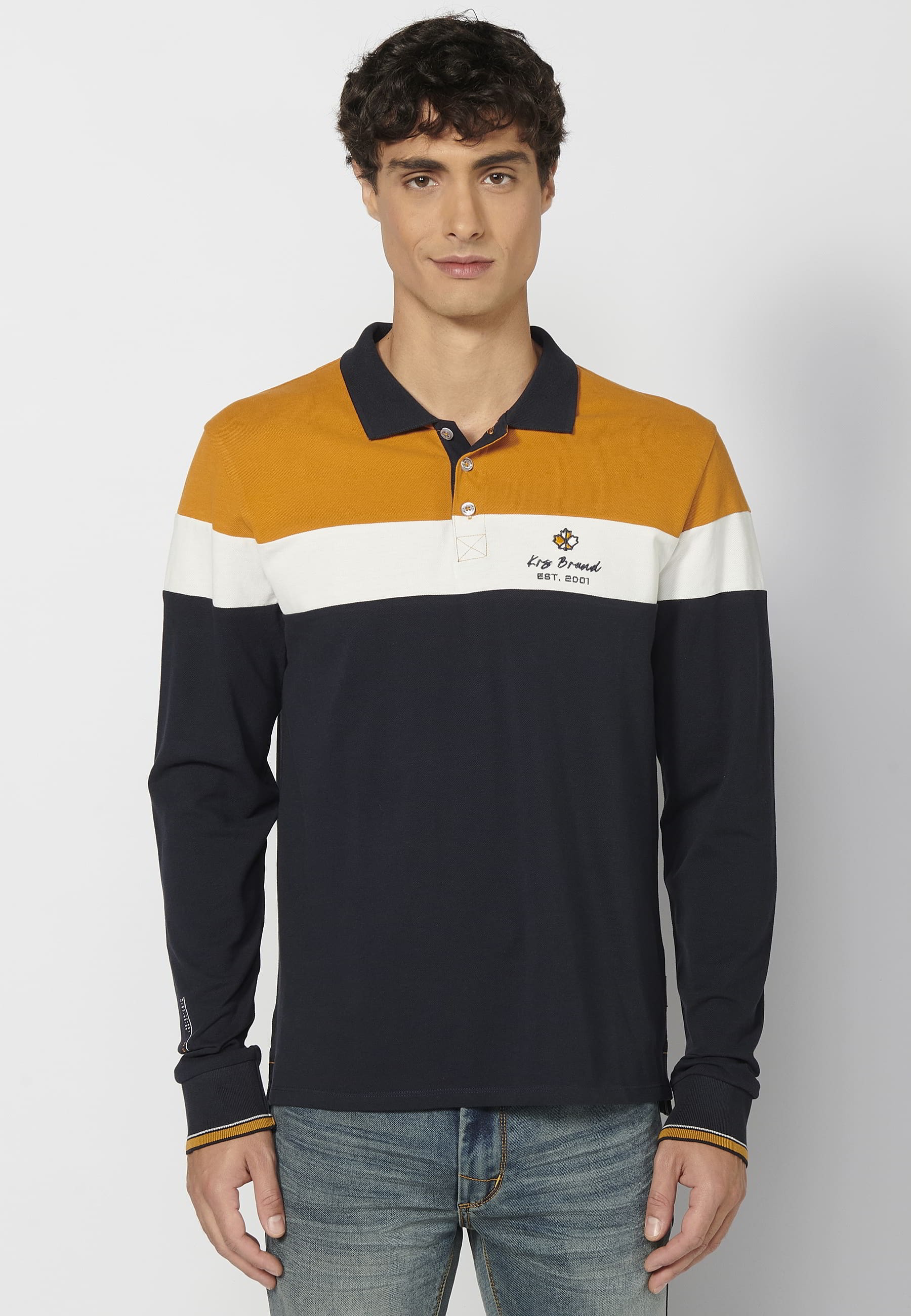 Gelb gestreiftes Langarm-Poloshirt aus Baumwolle mit Hemdkragen für Herren 2