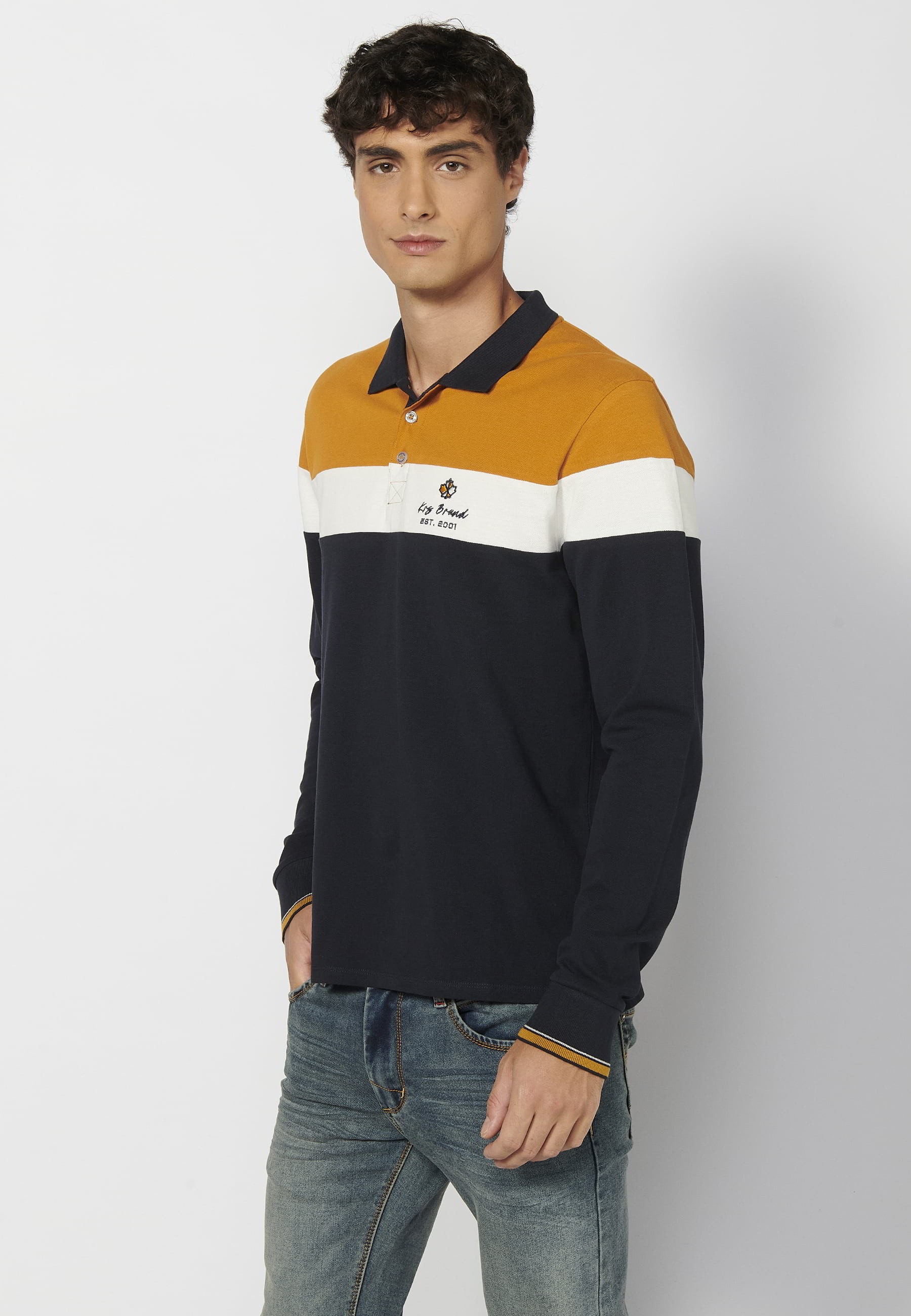 Yellow striped shirt collar cotton long-sleeved polo shirt for Men 3