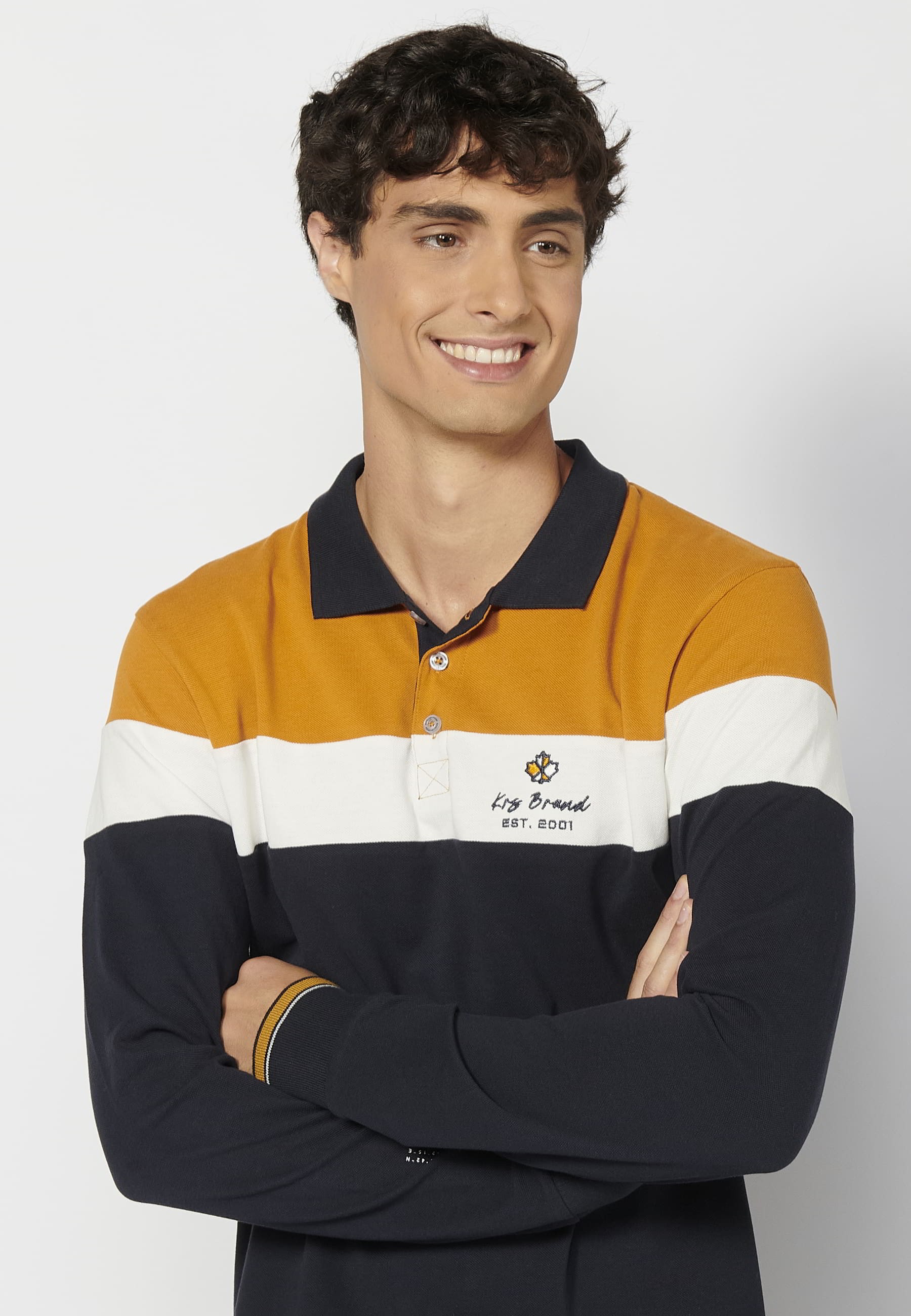 Polo de manga larga de algodón cuello camisero a rayas color Amarillo para Hombre 5