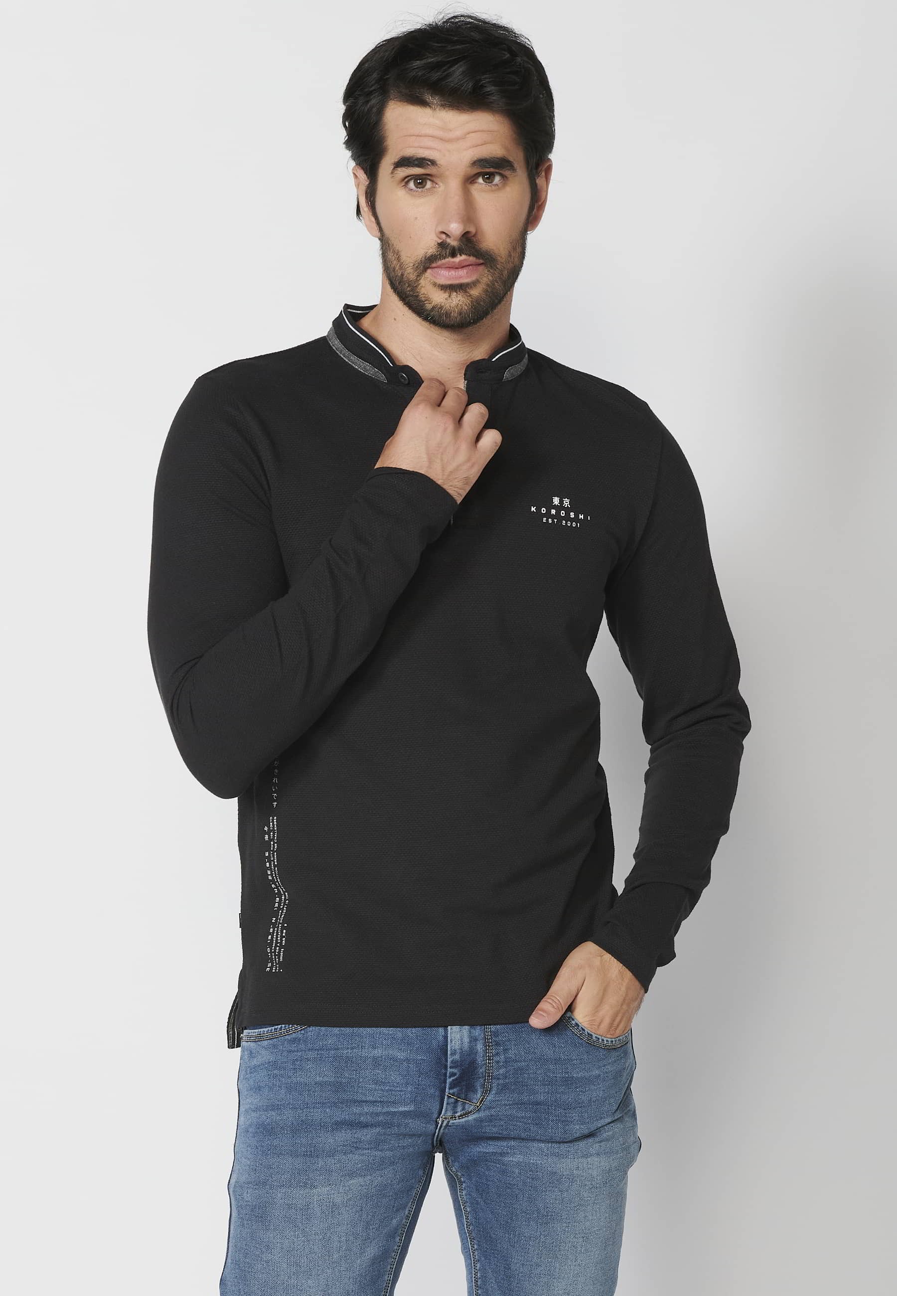 Long-sleeved cotton polo shirt with round neck, buttoned opening, printed details, Black color for Men