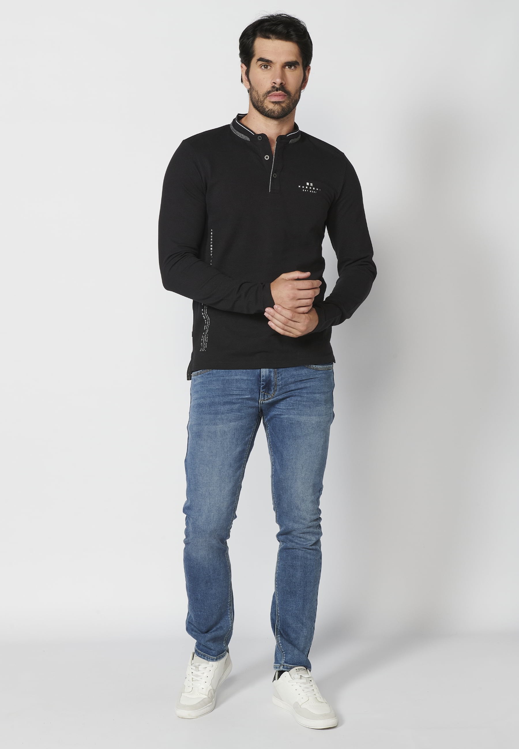 Long-sleeved cotton polo shirt with round neck, buttoned opening, printed details, Black color for Men