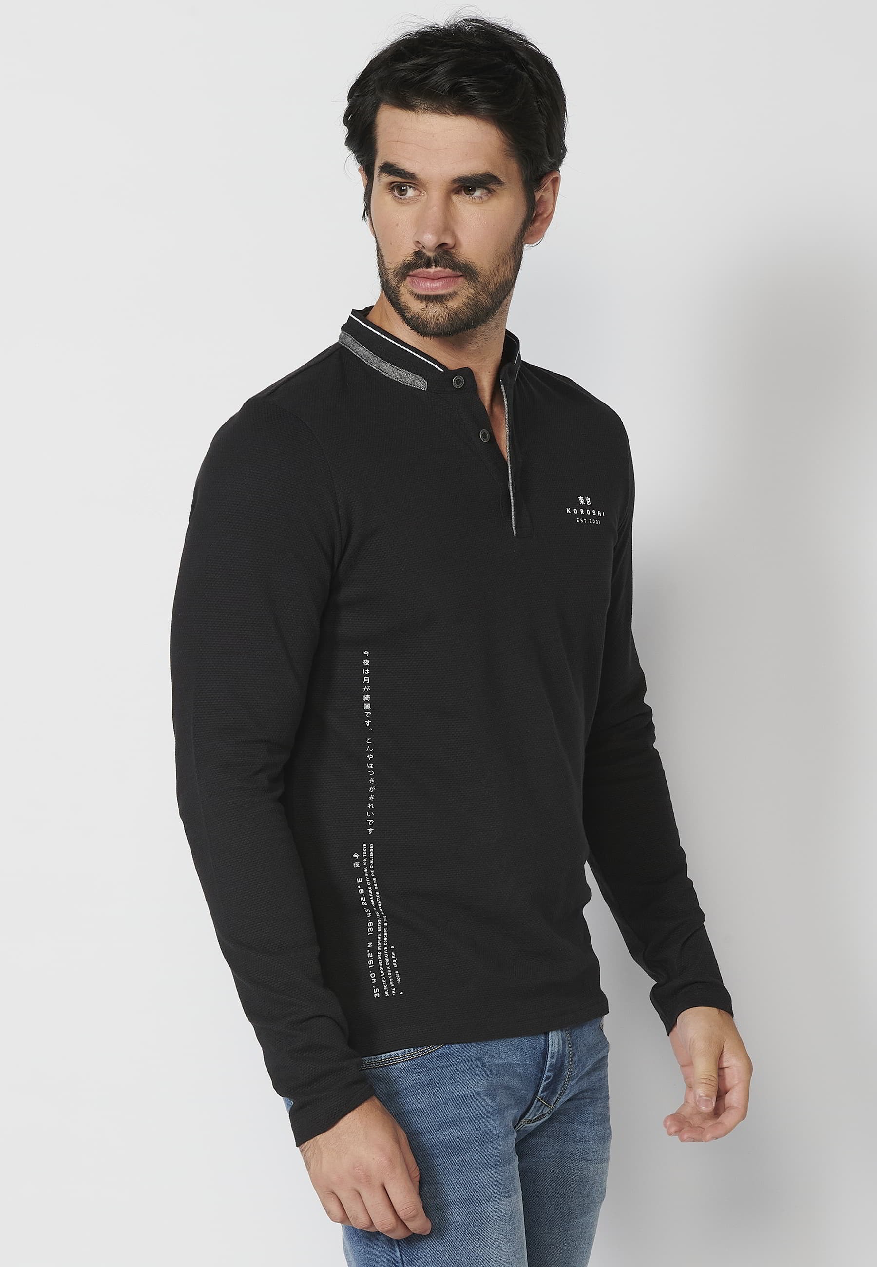 Long-sleeved cotton polo shirt with round neck, buttoned opening, printed details, Black color for Men