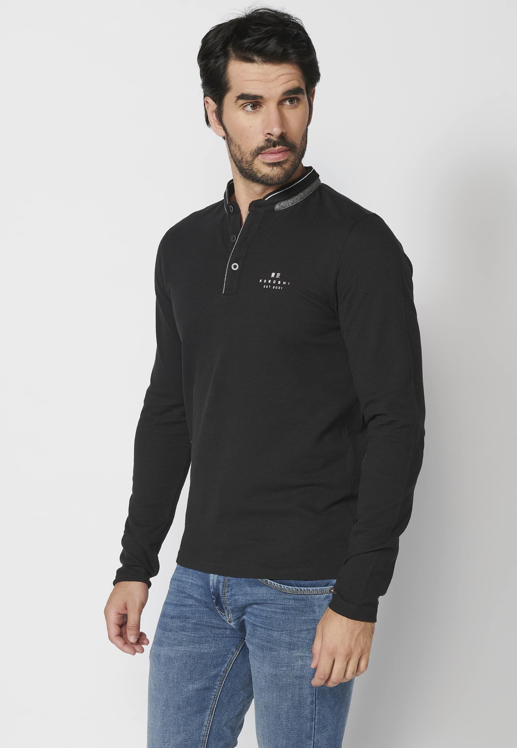 Long-sleeved cotton polo shirt with round neck, buttoned opening, printed details, Black color for Men