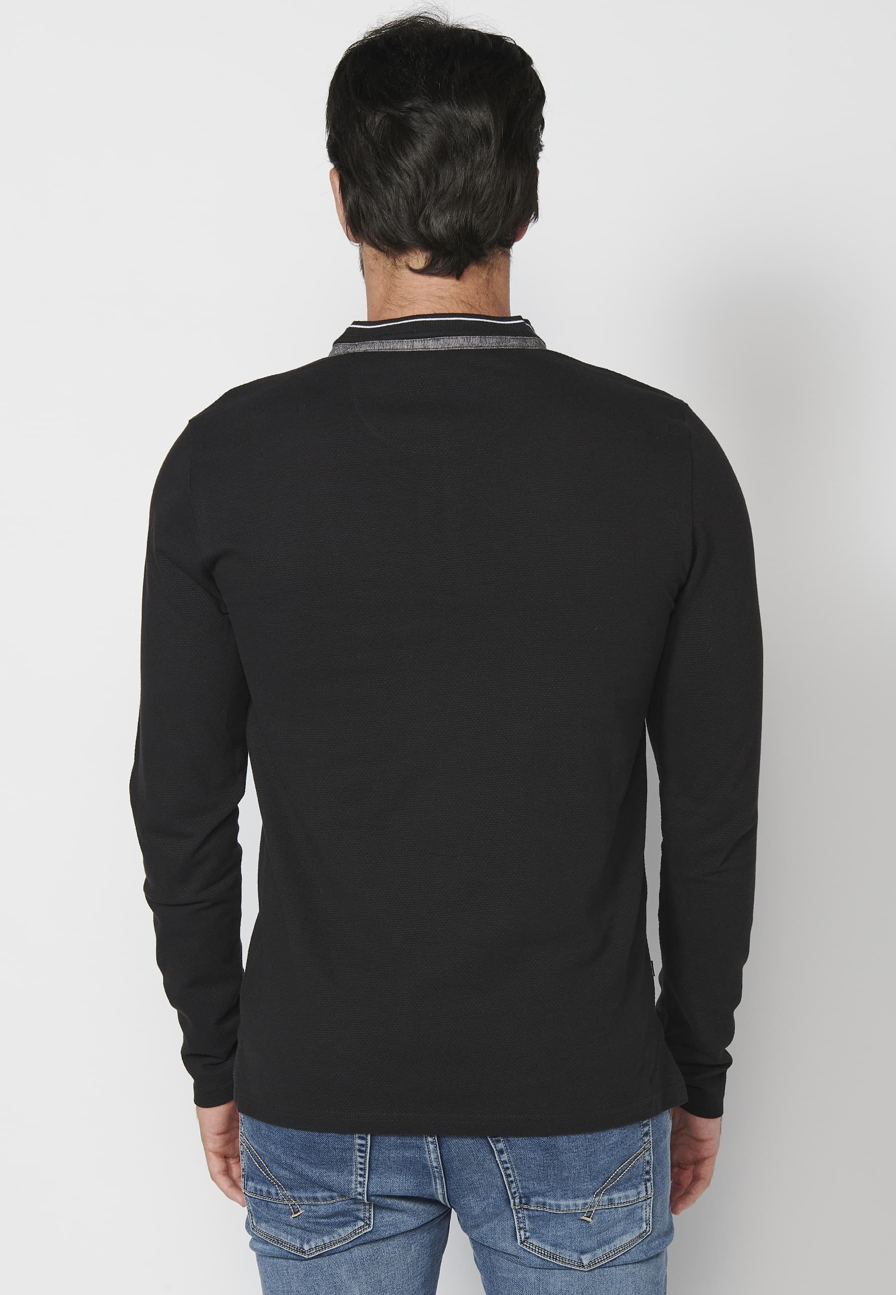 Long-sleeved cotton polo shirt with round neck, buttoned opening, printed details, Black color for Men