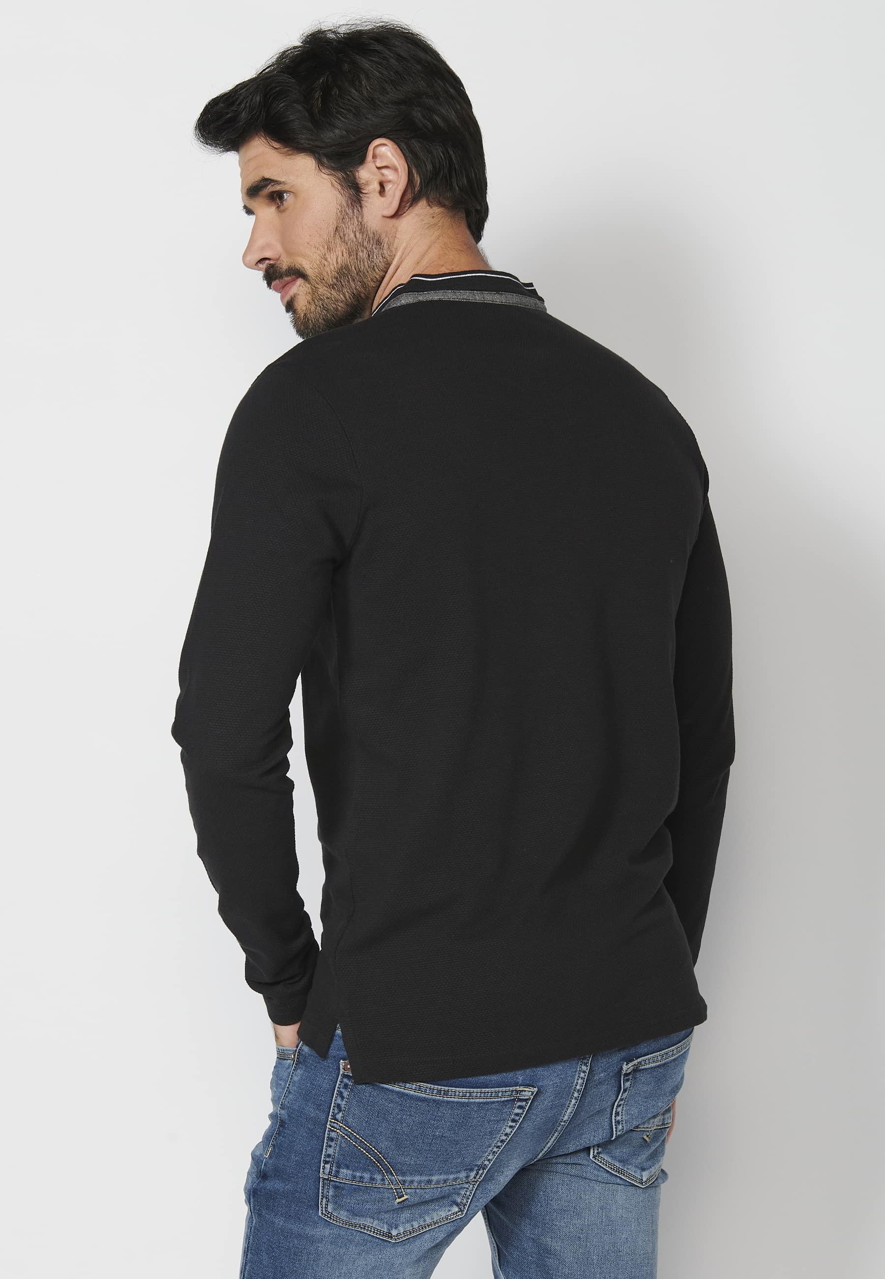 Long-sleeved cotton polo shirt with round neck, buttoned opening, printed details, Black color for Men