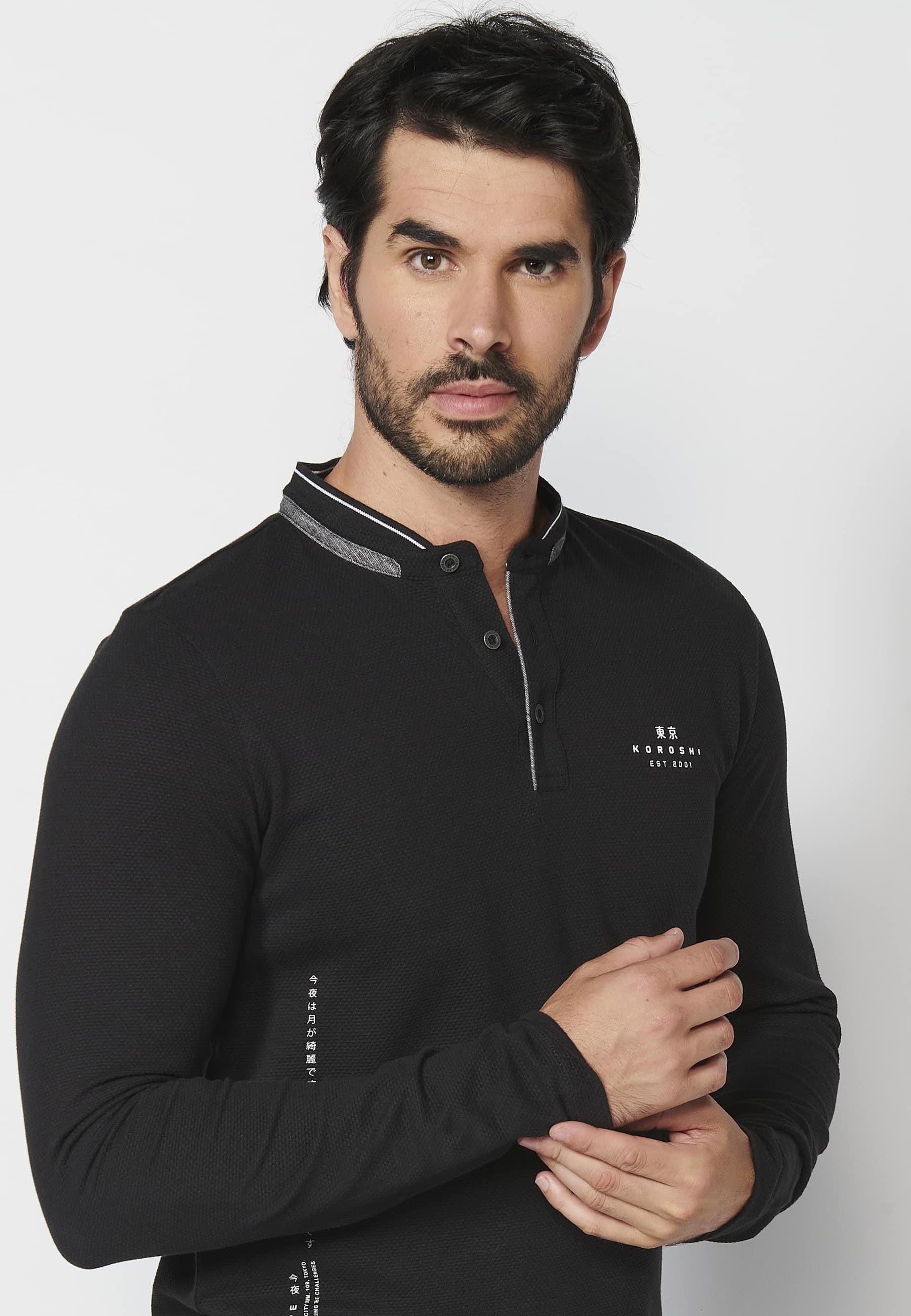 Long-sleeved cotton polo shirt with round neck, buttoned opening, printed details, Black color for Men