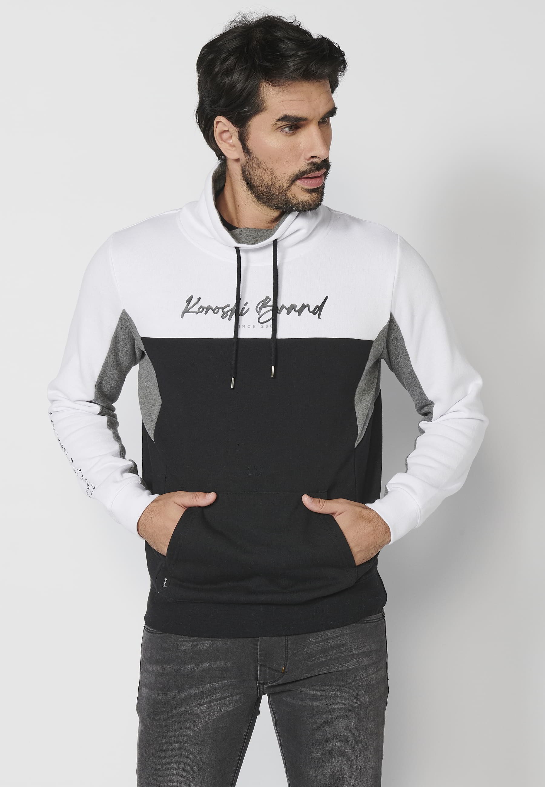 Long-sleeved sweatshirt with adjustable high neck with drawstring and front pocket in White color for Men