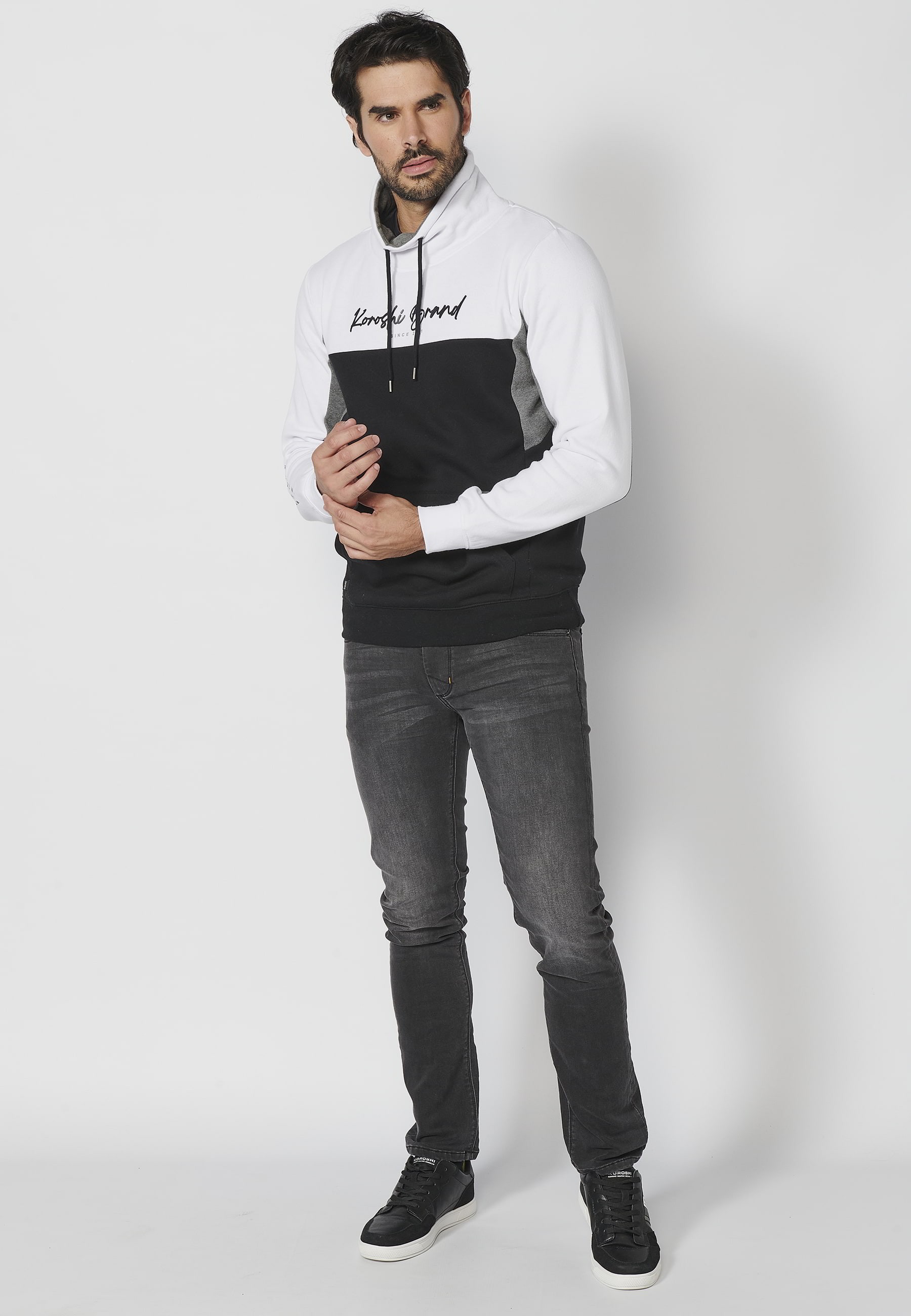 Long-sleeved sweatshirt with adjustable high neck with drawstring and front pocket in White color for Men