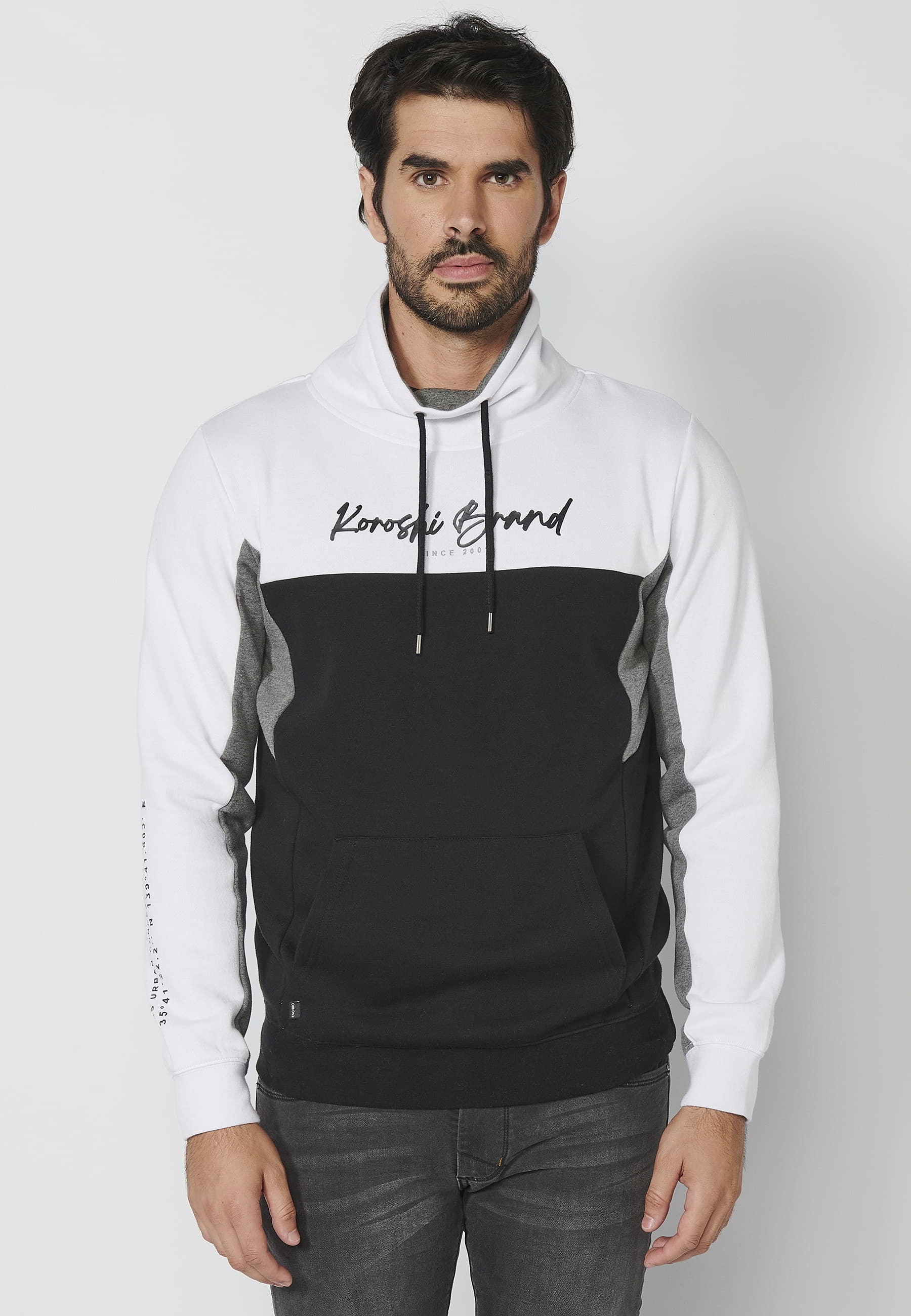 Sudadera de manga larga cuello alto ajustable con cordón y bolsillo delantero color Blanco para Hombre