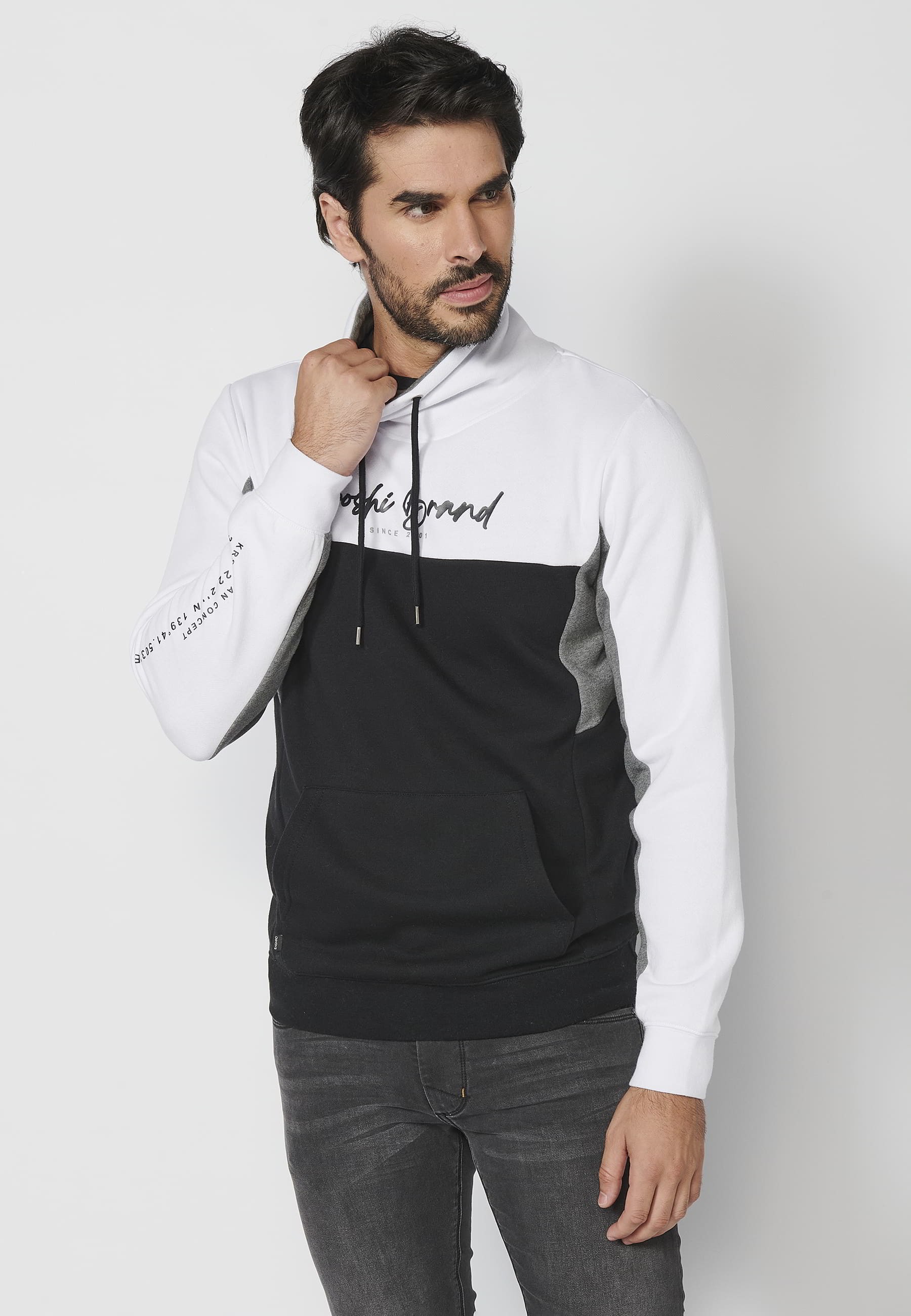 Long-sleeved sweatshirt with adjustable high neck with drawstring and front pocket in White color for Men