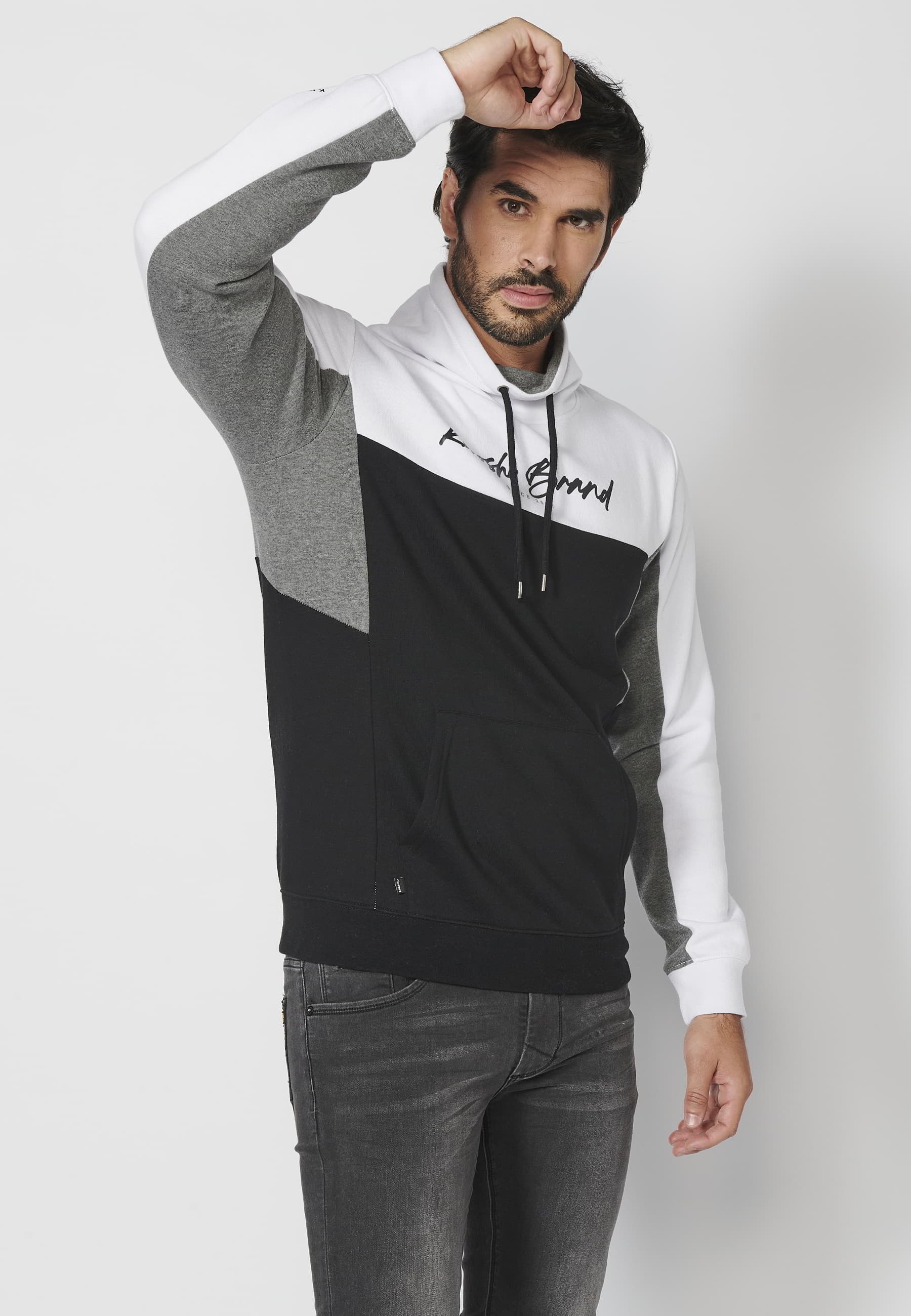 Sweat-shirt à manches longues avec col montant réglable avec cordon de serrage et poche avant de couleur Blanc pour Homme