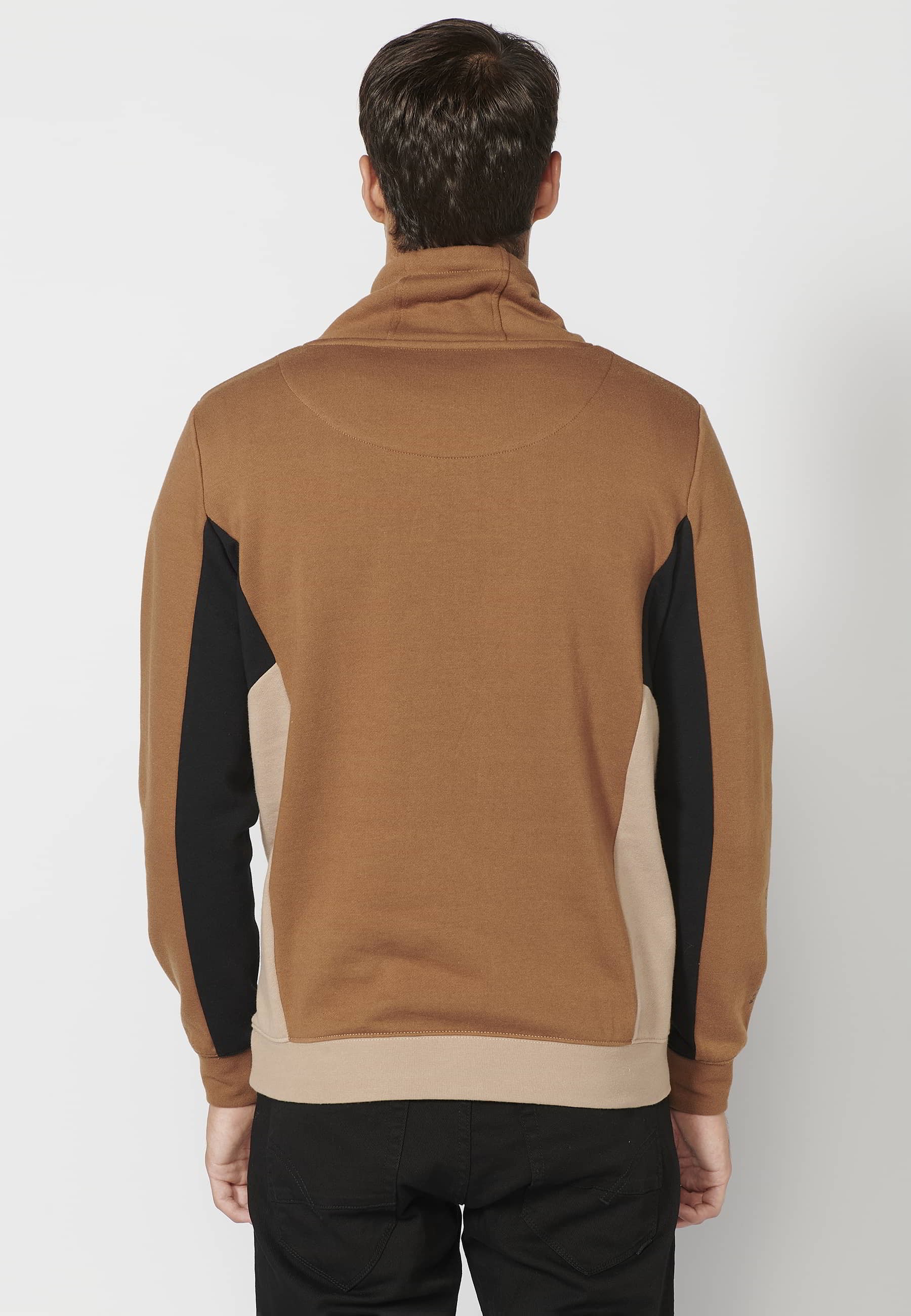 Men's Brown Long-Sleeved Sweatshirt with Drawstring Adjustable High Neck and Front Pocket 4